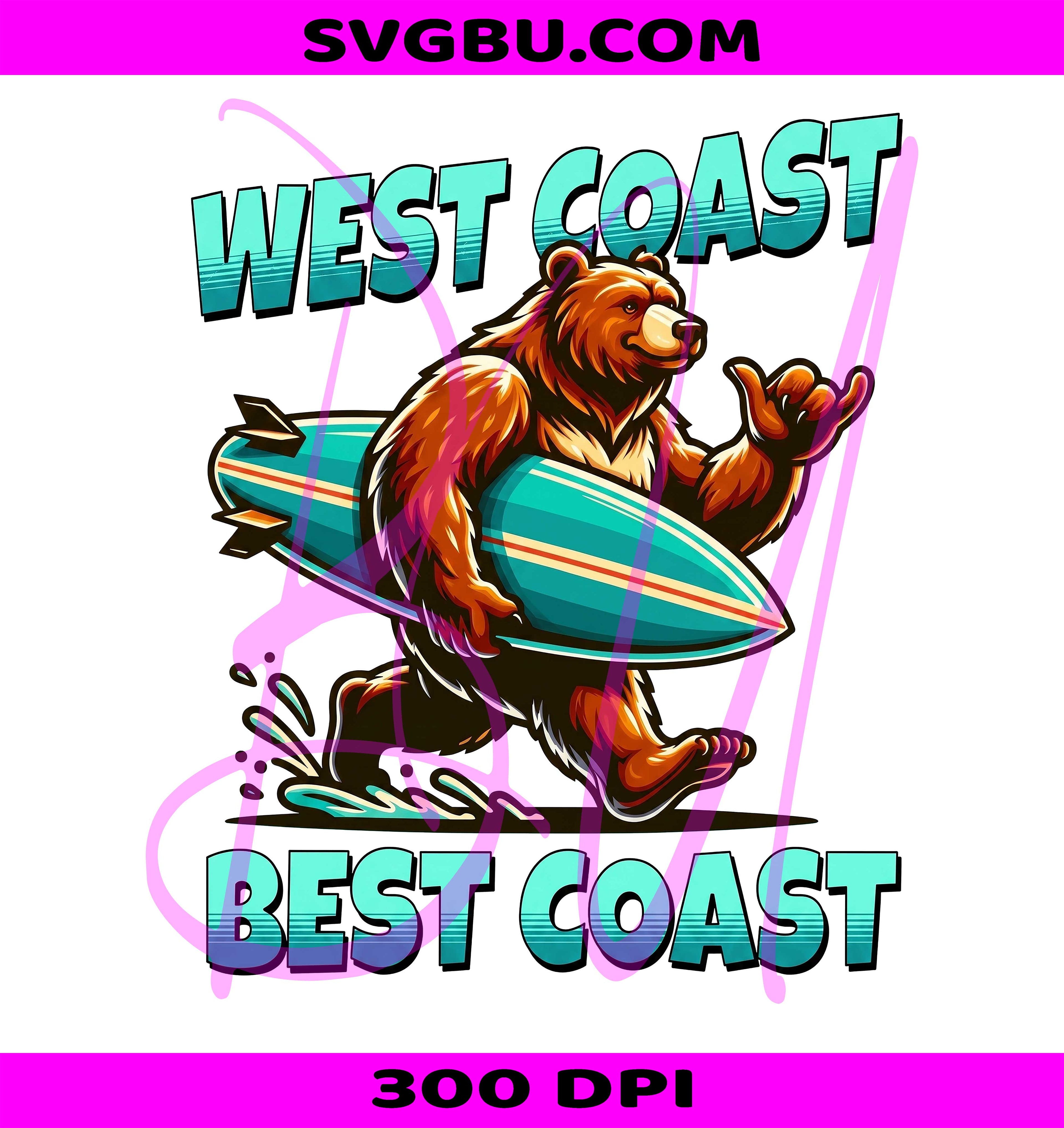 West Coast Best Coast Surfing Bear PNG, Retro California Beach Design PNG
