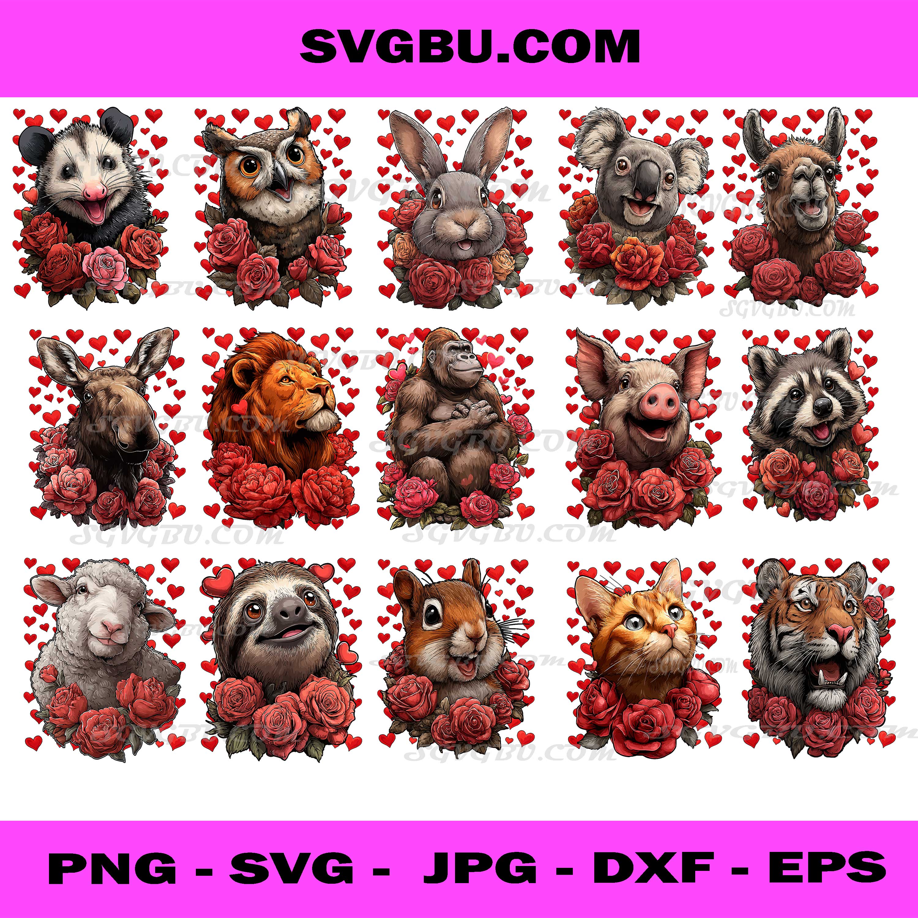 Cute Valentine Animals PNG Bundle with Roses & Hearts