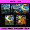 Starry Night Cat PNG Bundle PNG, Van Gogh Style Cat Moon Art Set