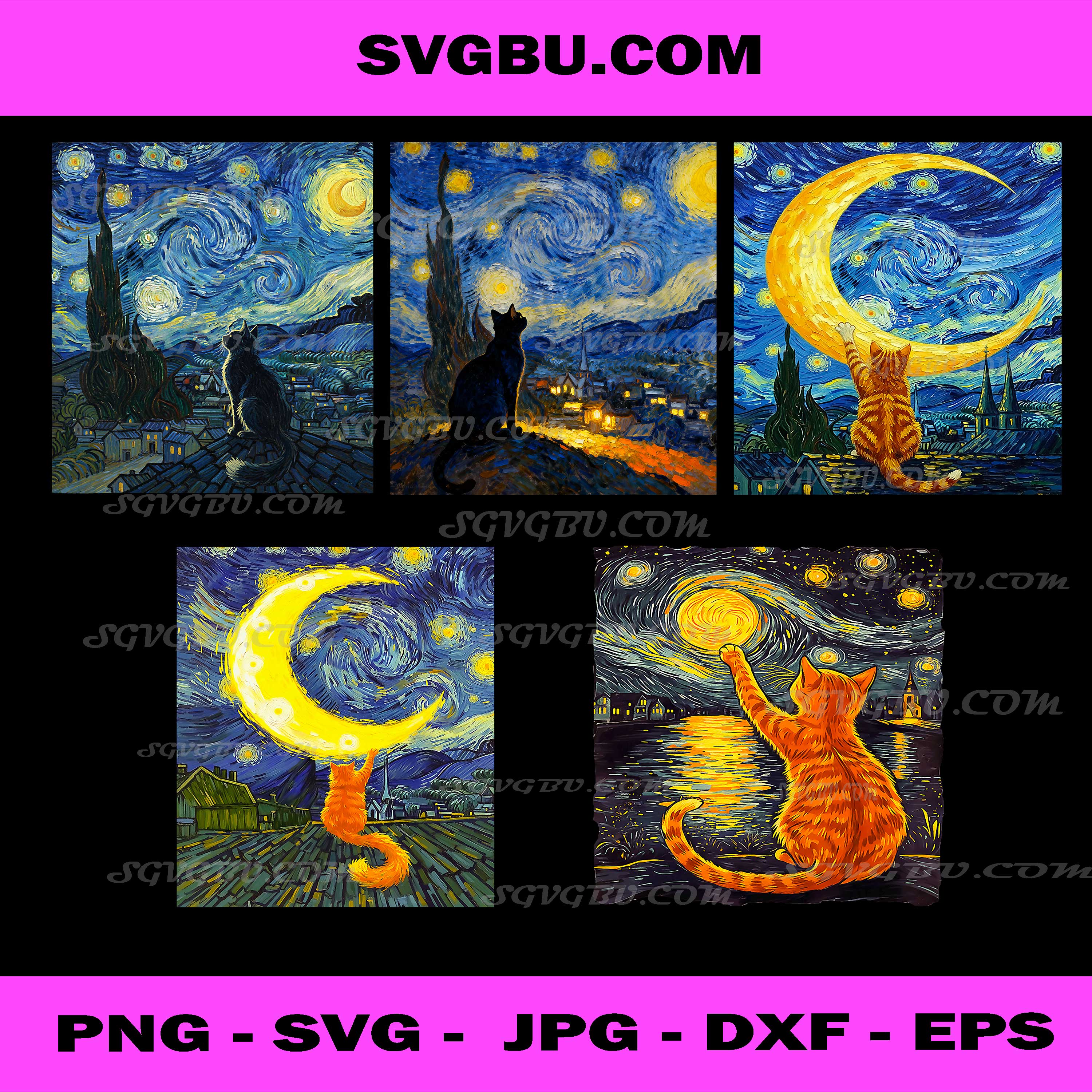 Starry Night Cat PNG Bundle PNG, Van Gogh Style Cat Moon Art Set