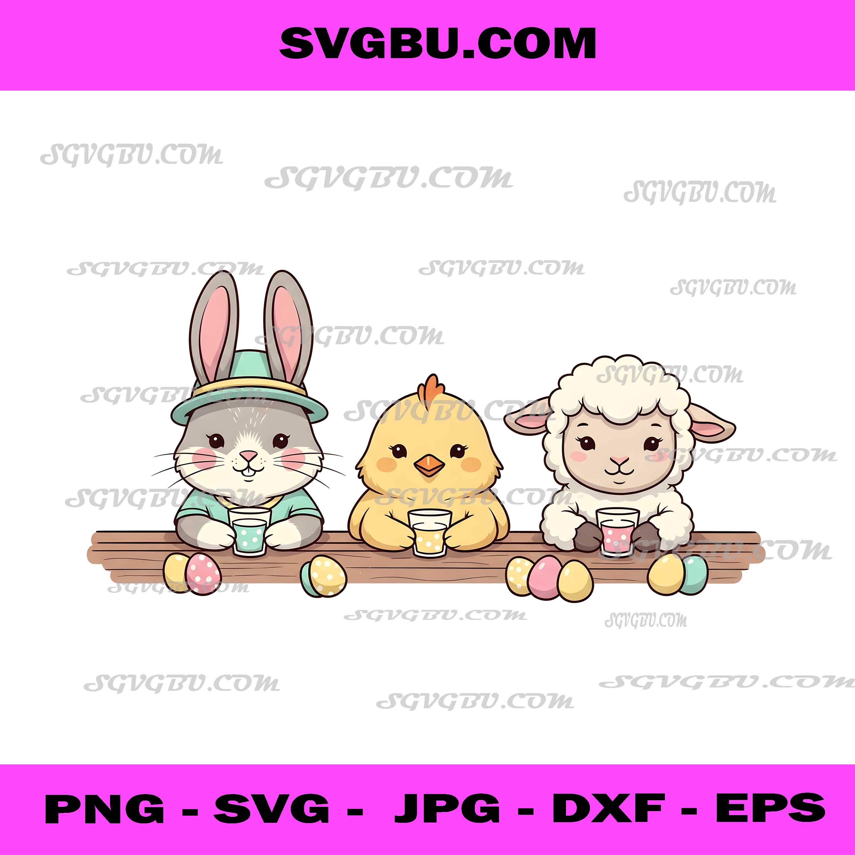 Easter Friends, Cute Bunny Chick and Lamb With Eggs PNG