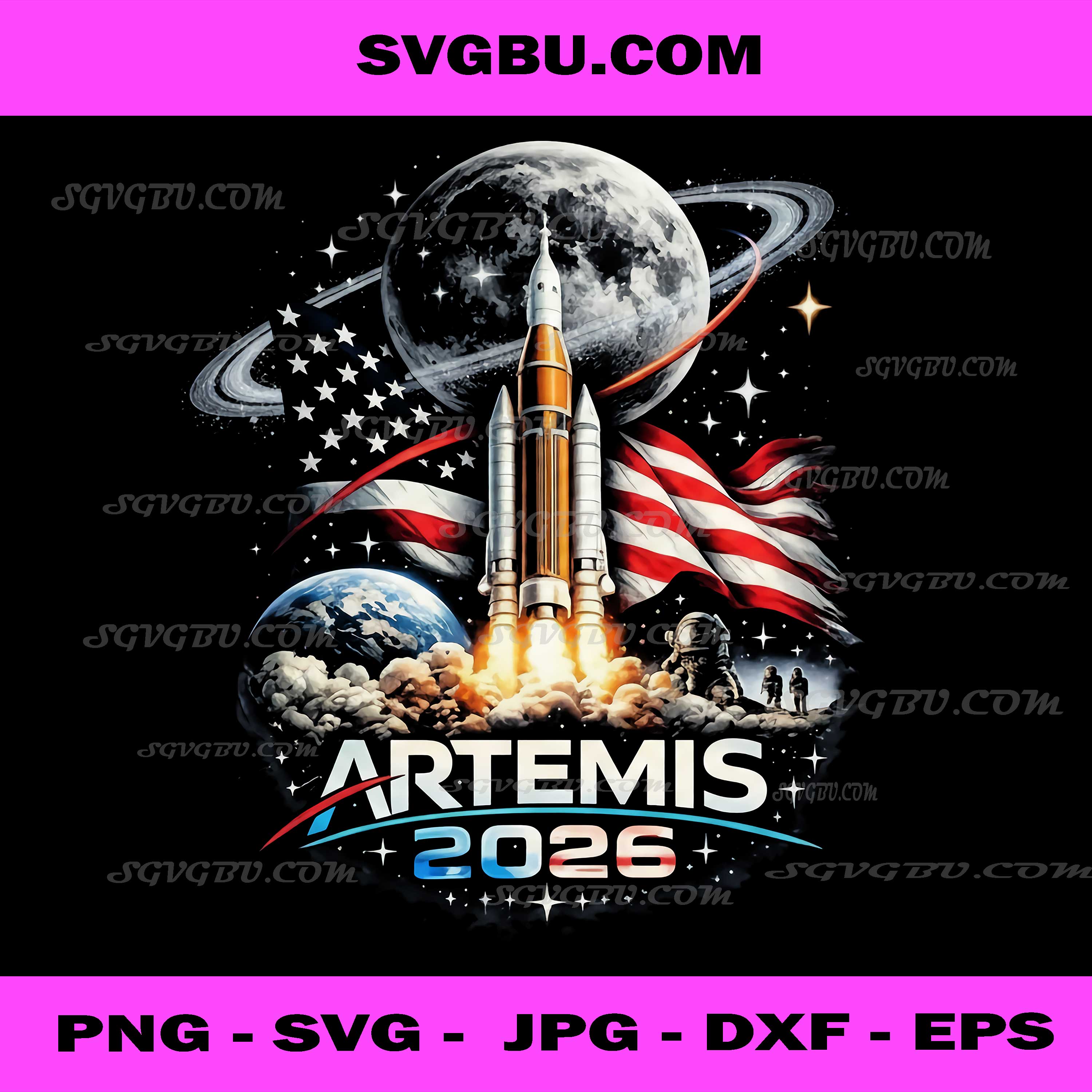 Artemis 2026 PNG, NASA Moon Mission Rocket American Flag Cosmic Design