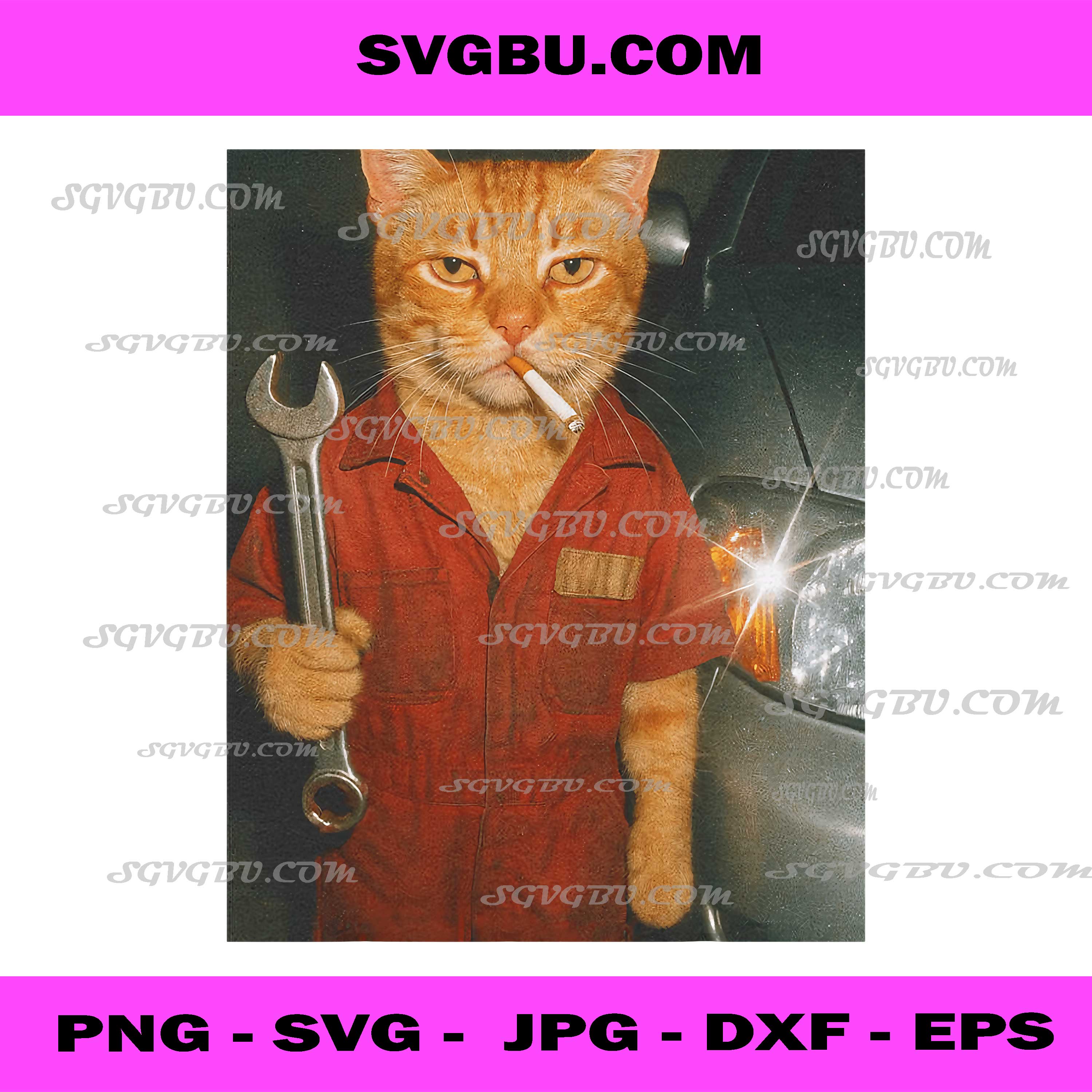 Funny Cat Mechanic Smoking PNG, Car Garage Kitty Meme Humor Design
