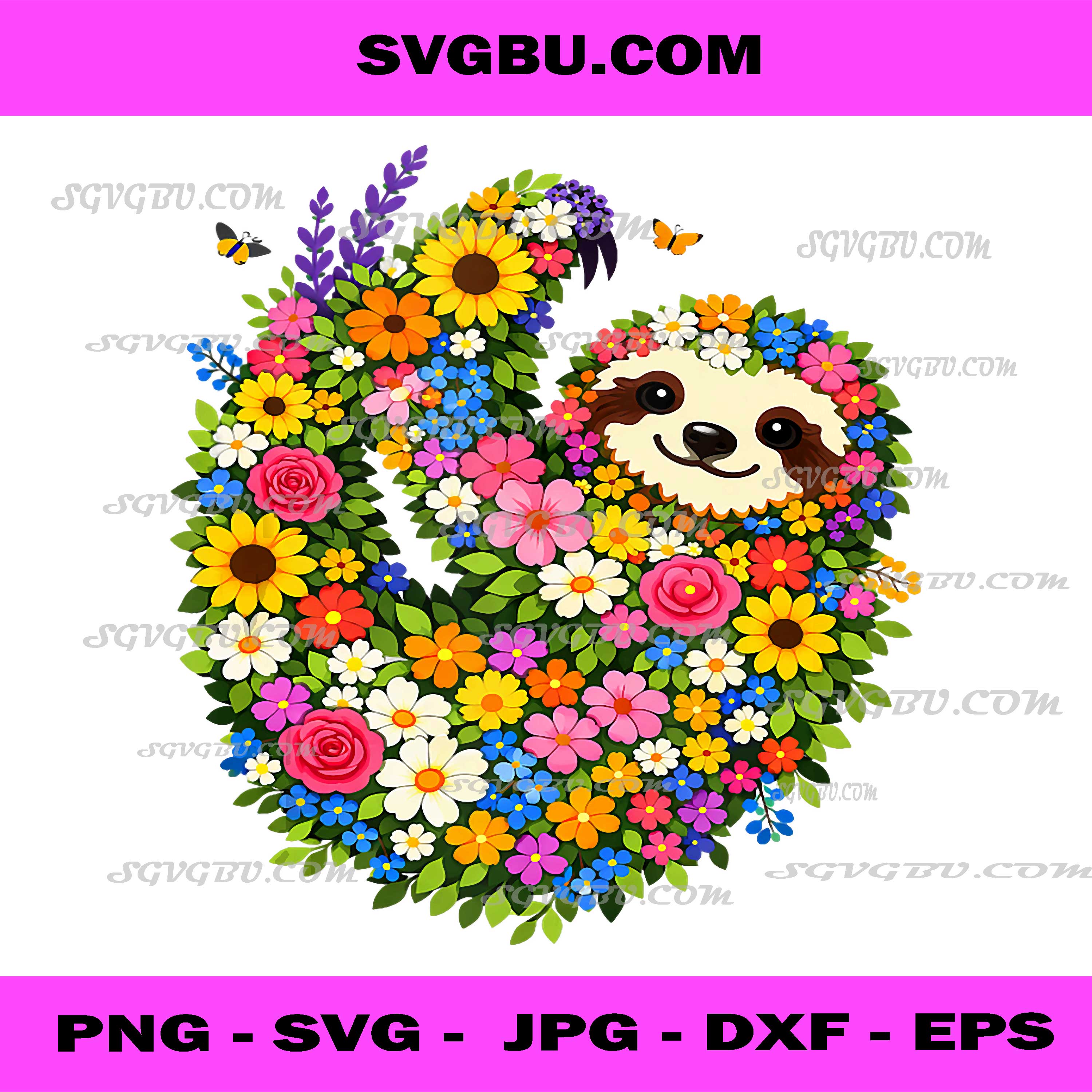 Floral Sloth Colorful Flower Garden Graphic PNG, Cute Sloth PNG