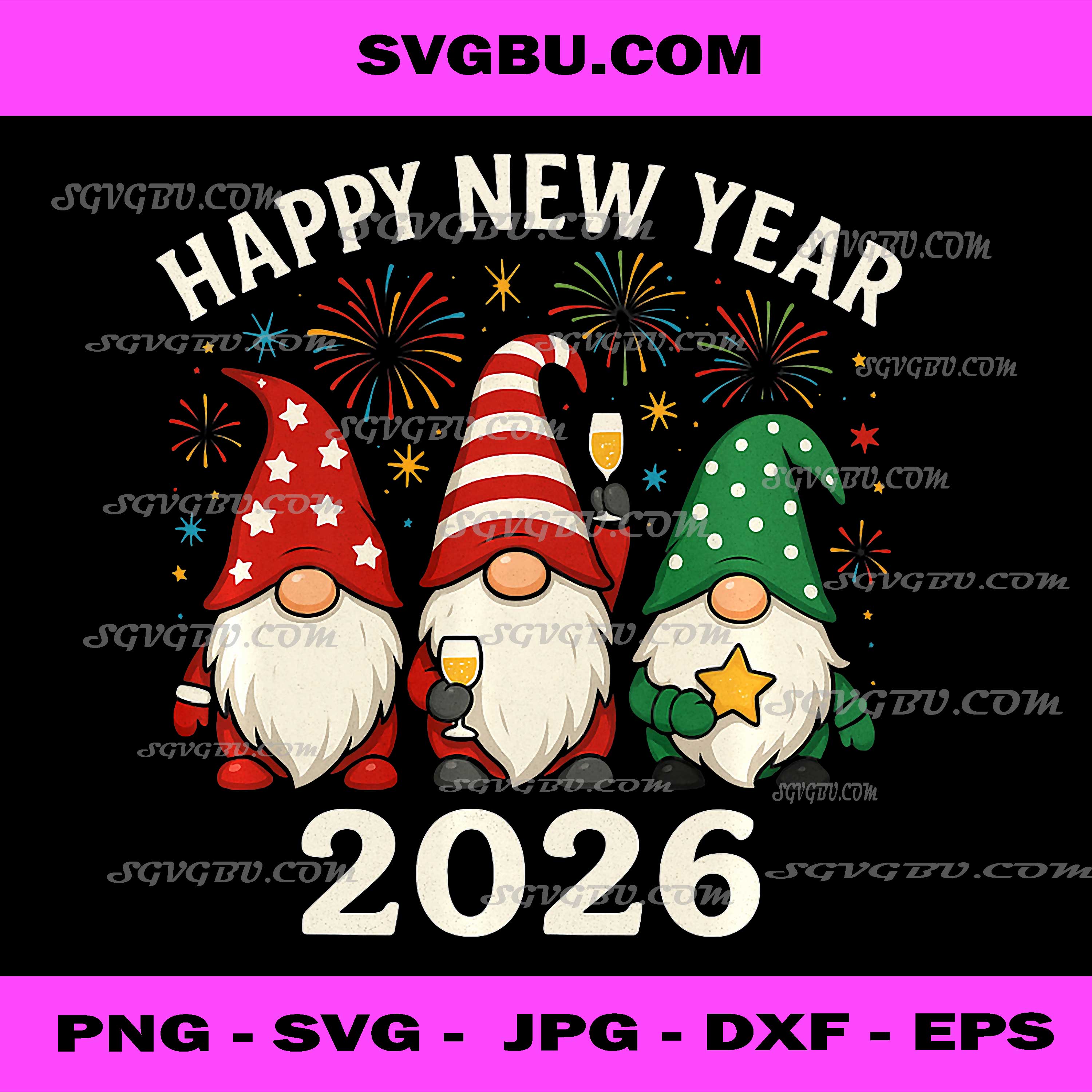 Happy New Year 2026 PNG, Gnomes Fireworks Party PNG