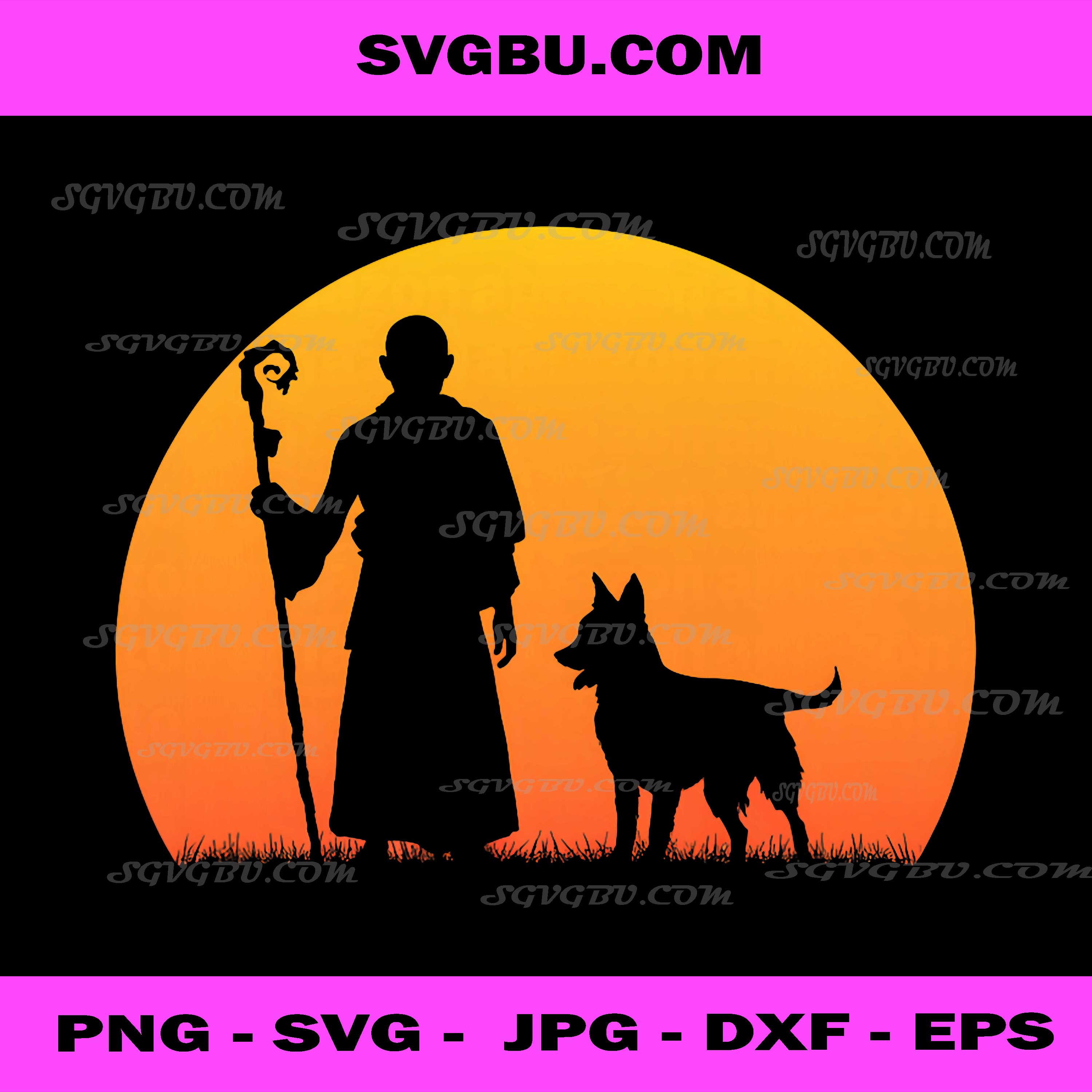 Buddhist Monk And Loyal Dog Silhouette PNG, Zen Sunset Art PNG