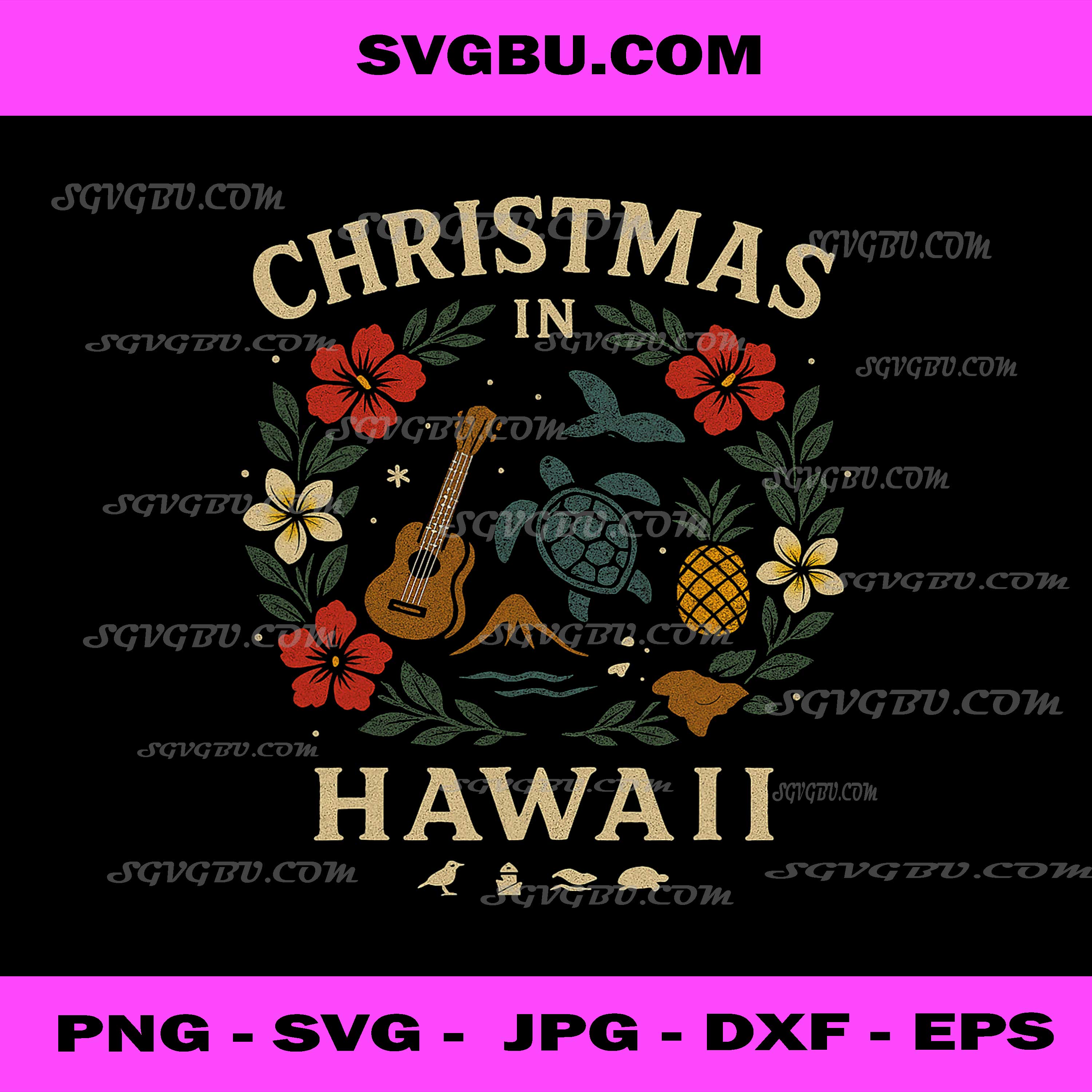 Hawaii Christmas PNG, Ukulele Turtle Flower Tree Xmas PNG