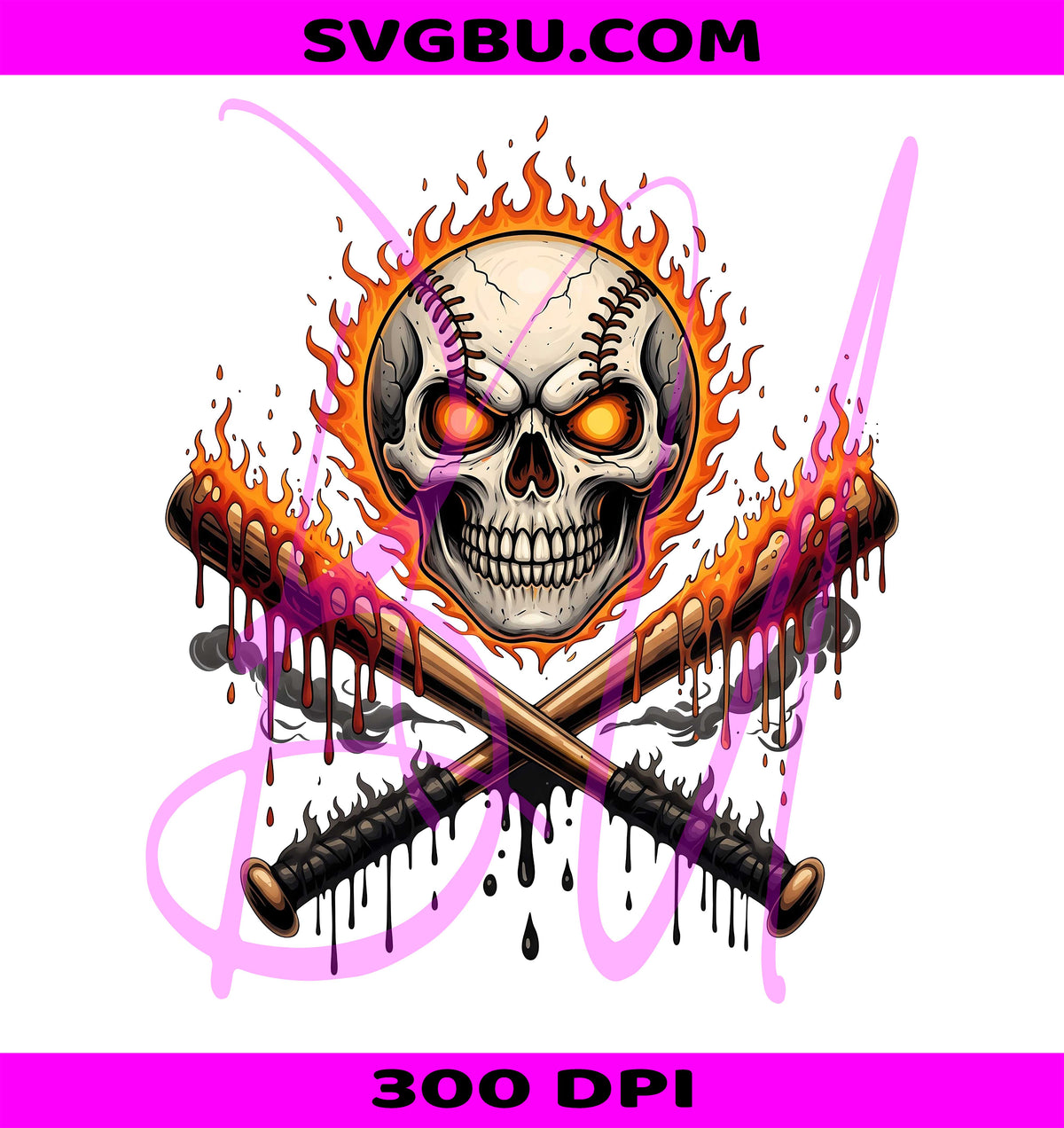 Fiery Skull Baseball PNG, Flaming Bats PNG, Halloween Sports PNG