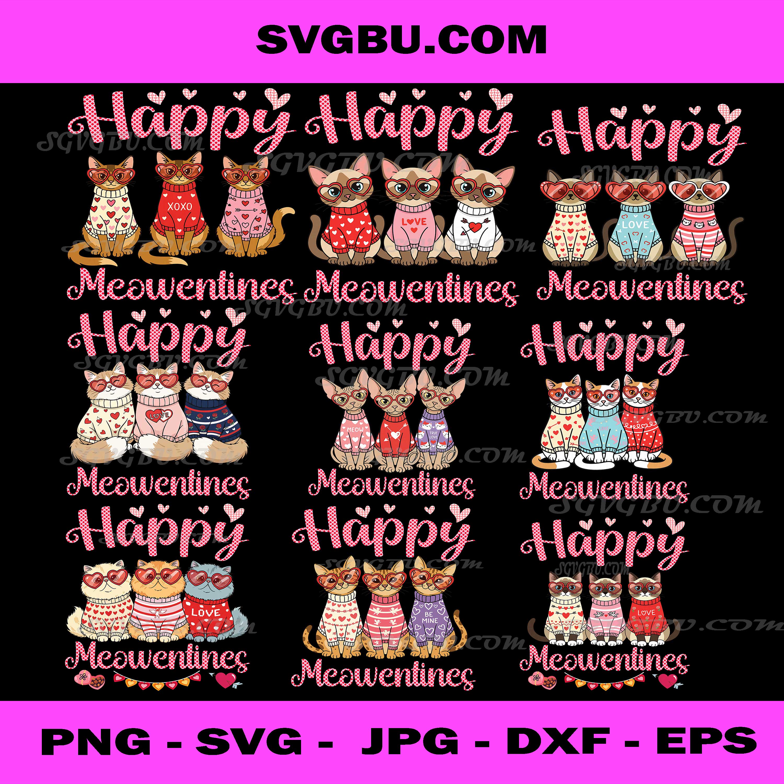 Happy Meowentines, Valentine Cats PNG Bundle, Cute Cat Illustrations