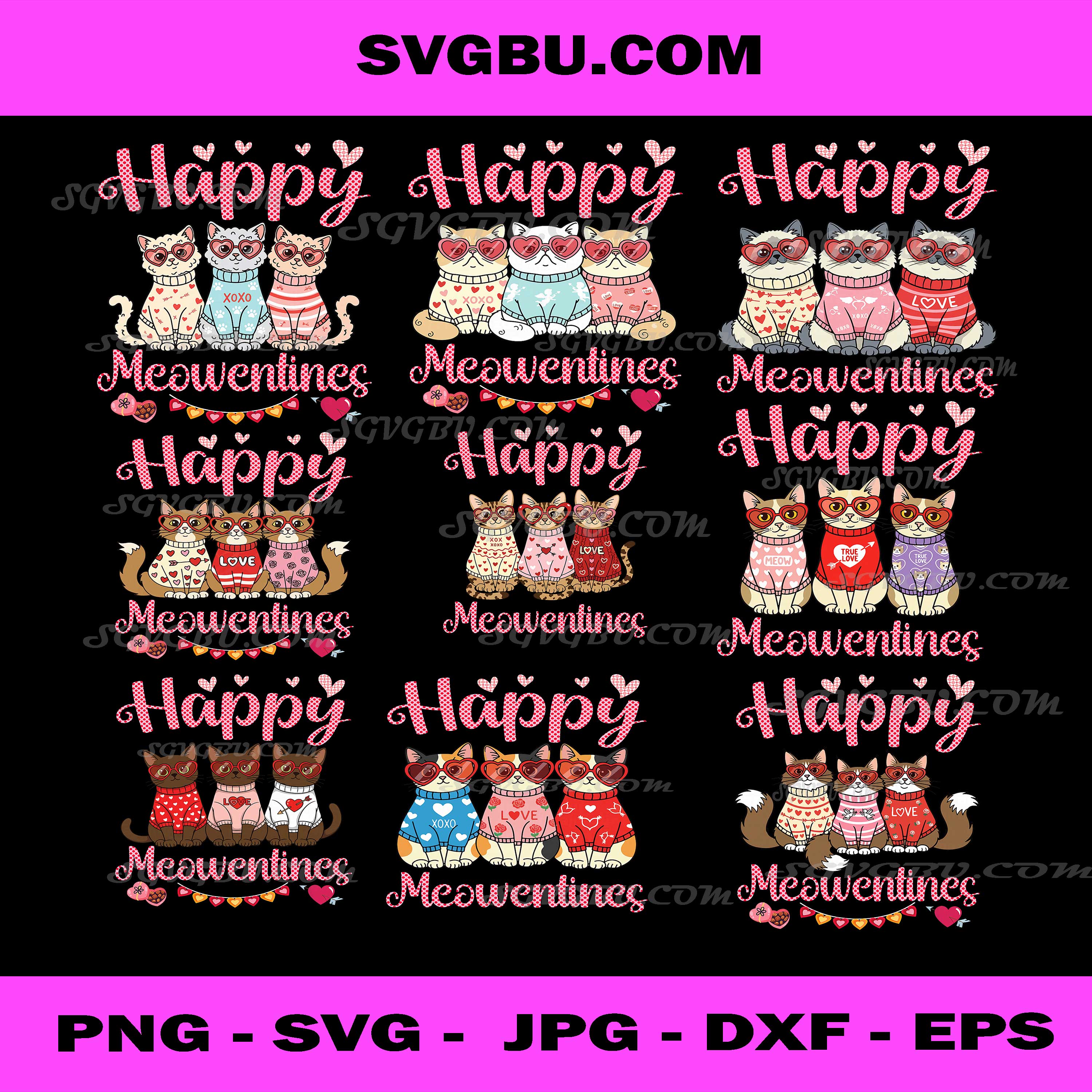 Cute Cat Love Happy Meowentines, Valentine PNG Bundle Design Pack