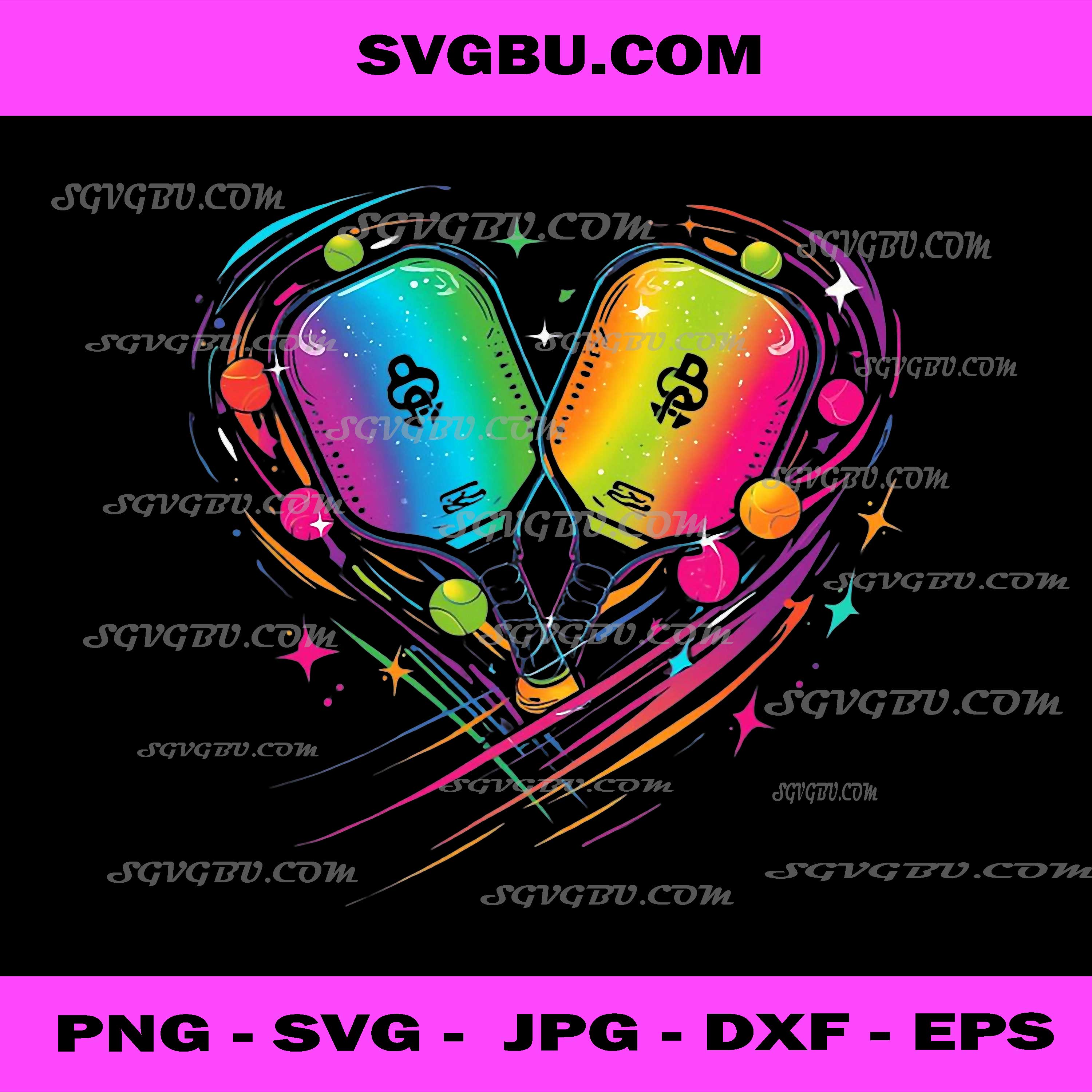 Neon Pickleball Heart Paddles PNG, Rainbow Sports Player PNG