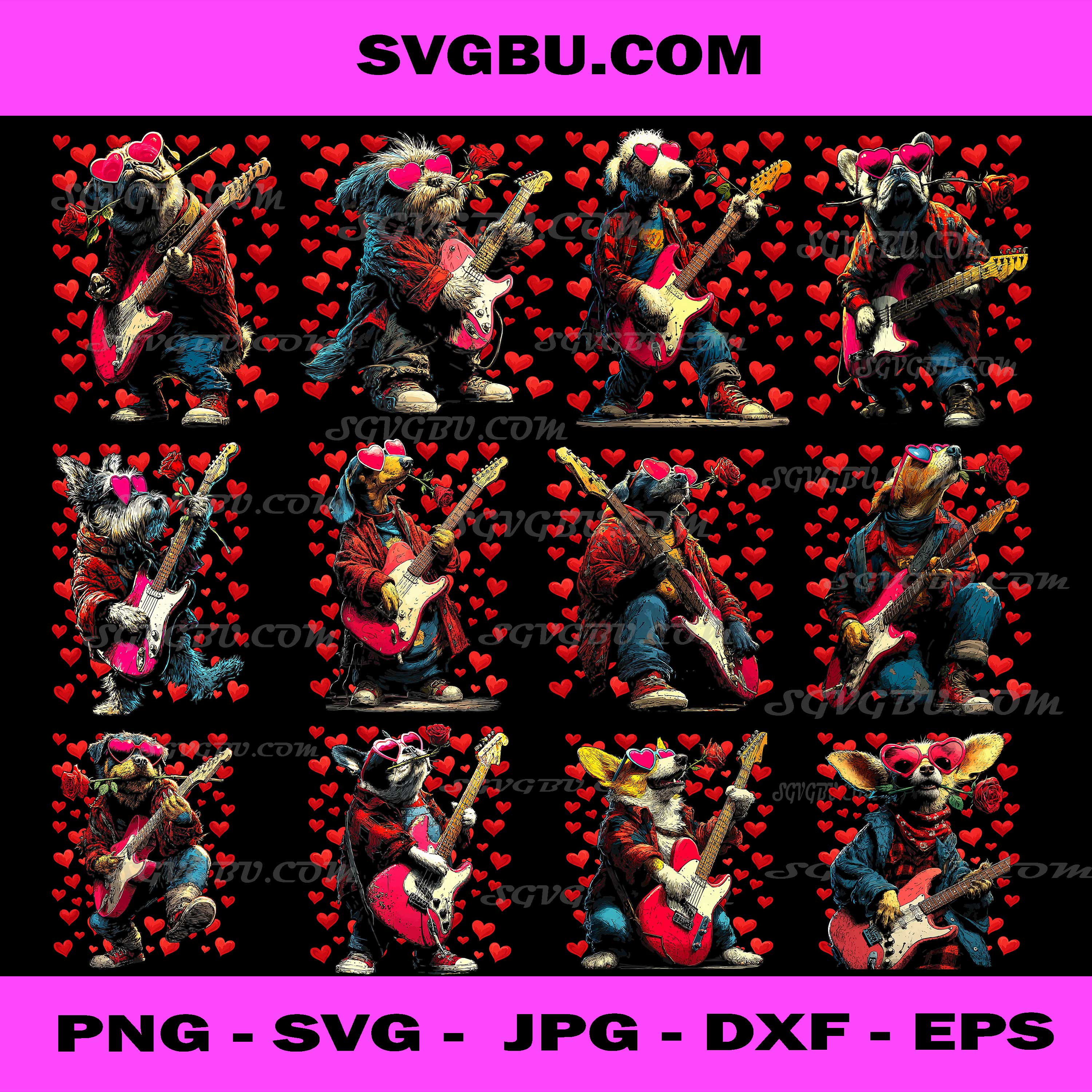 Valentine Dog Guitar PNG Bundle, Rock Music Dogs Love Heart Design