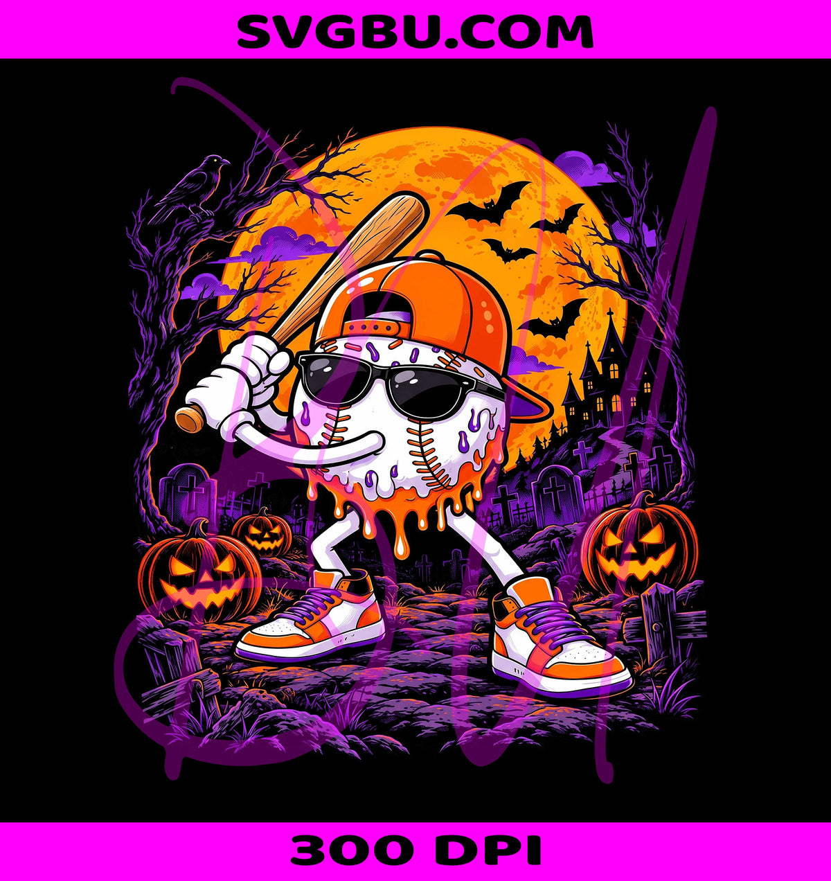 Halloween Baseball PNG, Spooky Player Bat PNG, Pumpkin Moon Sports PNG