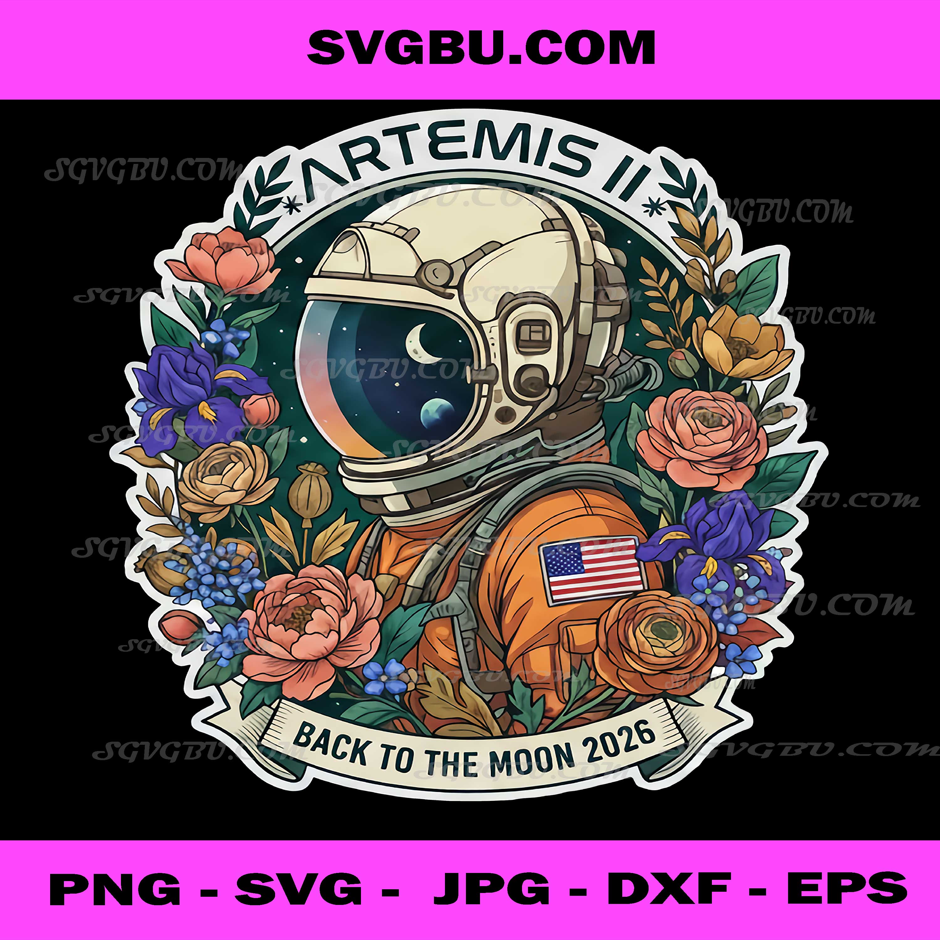 Artemis II Back to the Moon 2026 PNG, Floral Astronaut Space Mission Badge