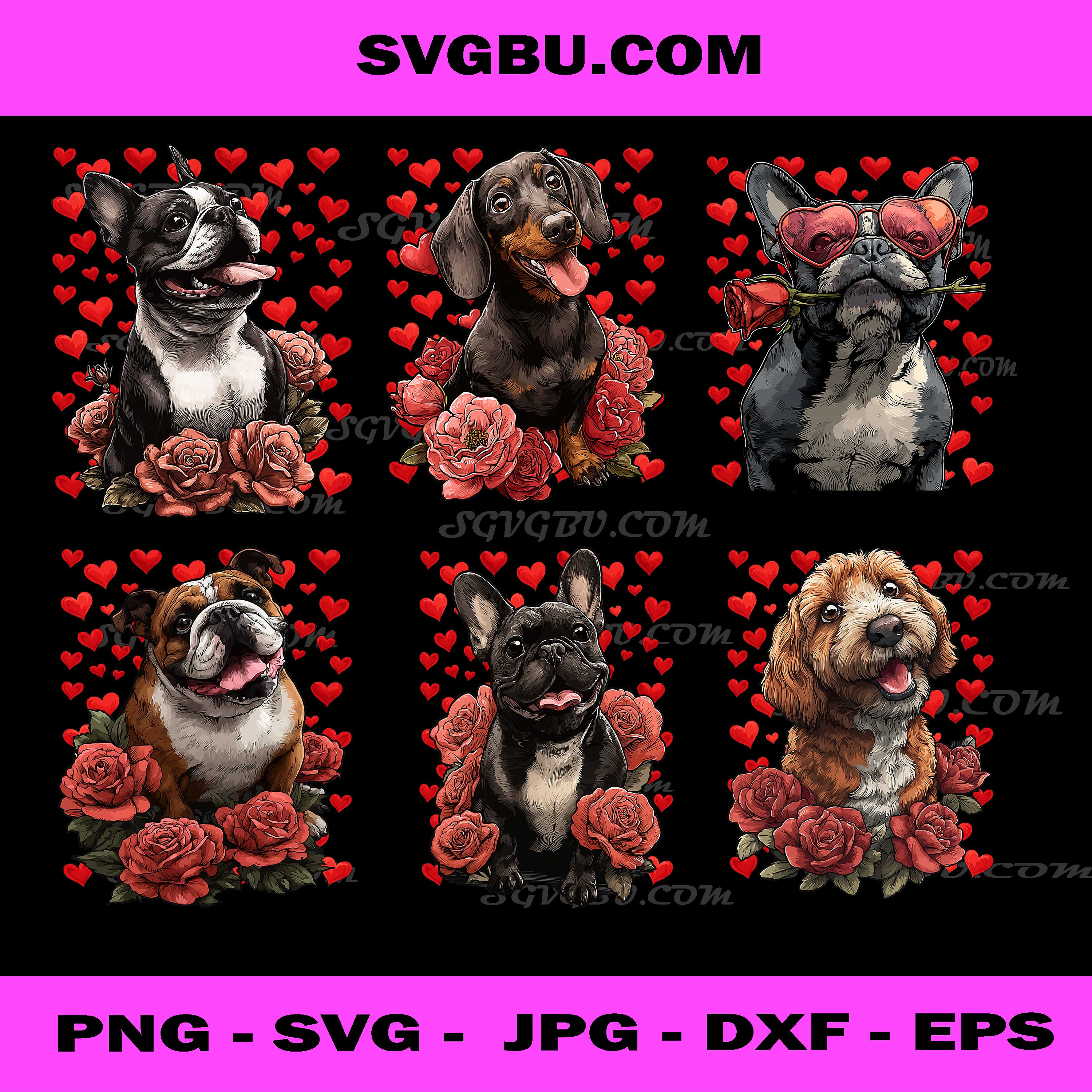 Valentine Day Dogs with Roses PNG Bundle, Cute Love Dog Art