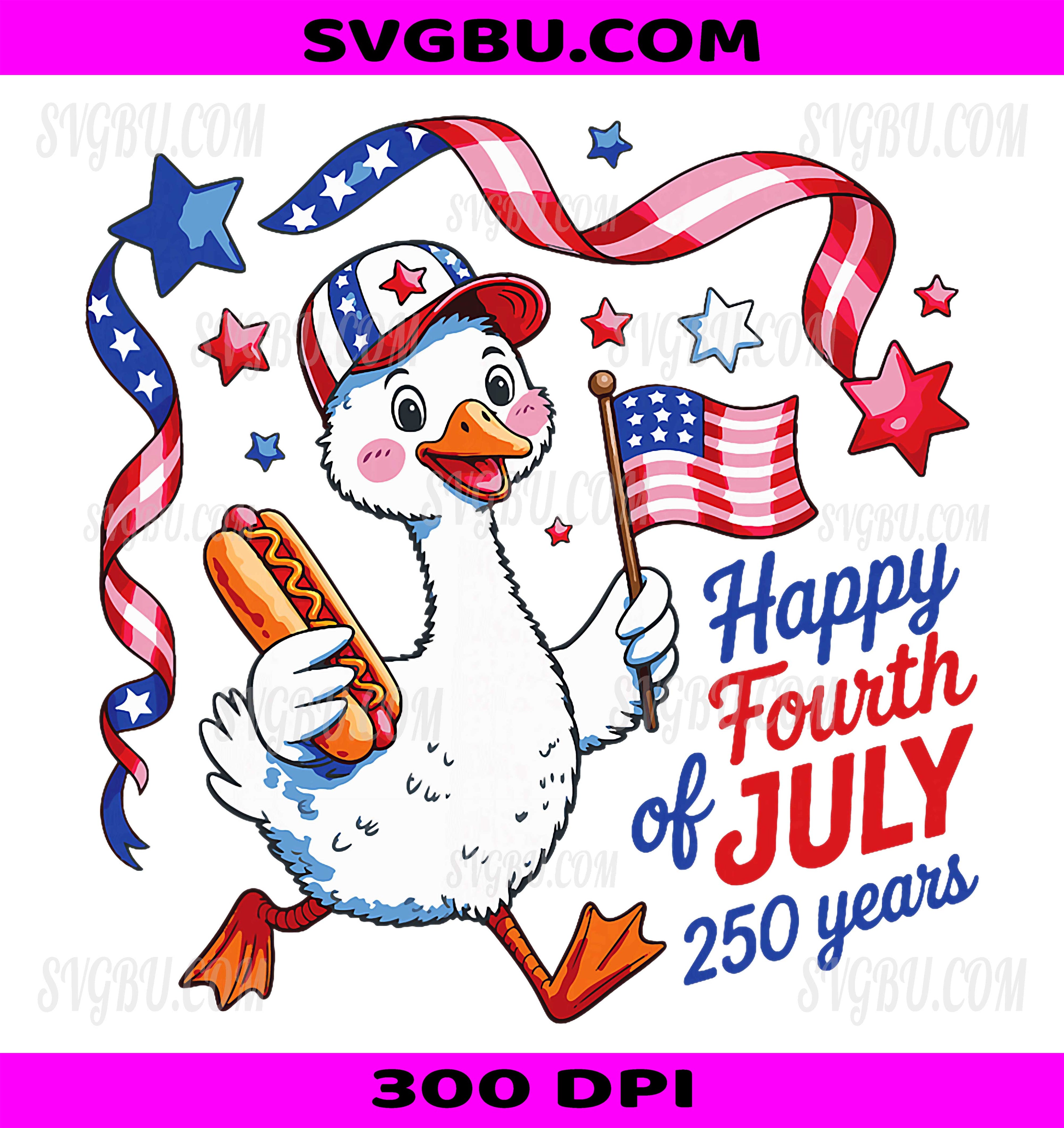 Funny 4th July 250 Years America PNG, Cute Goose USA Flag PNG