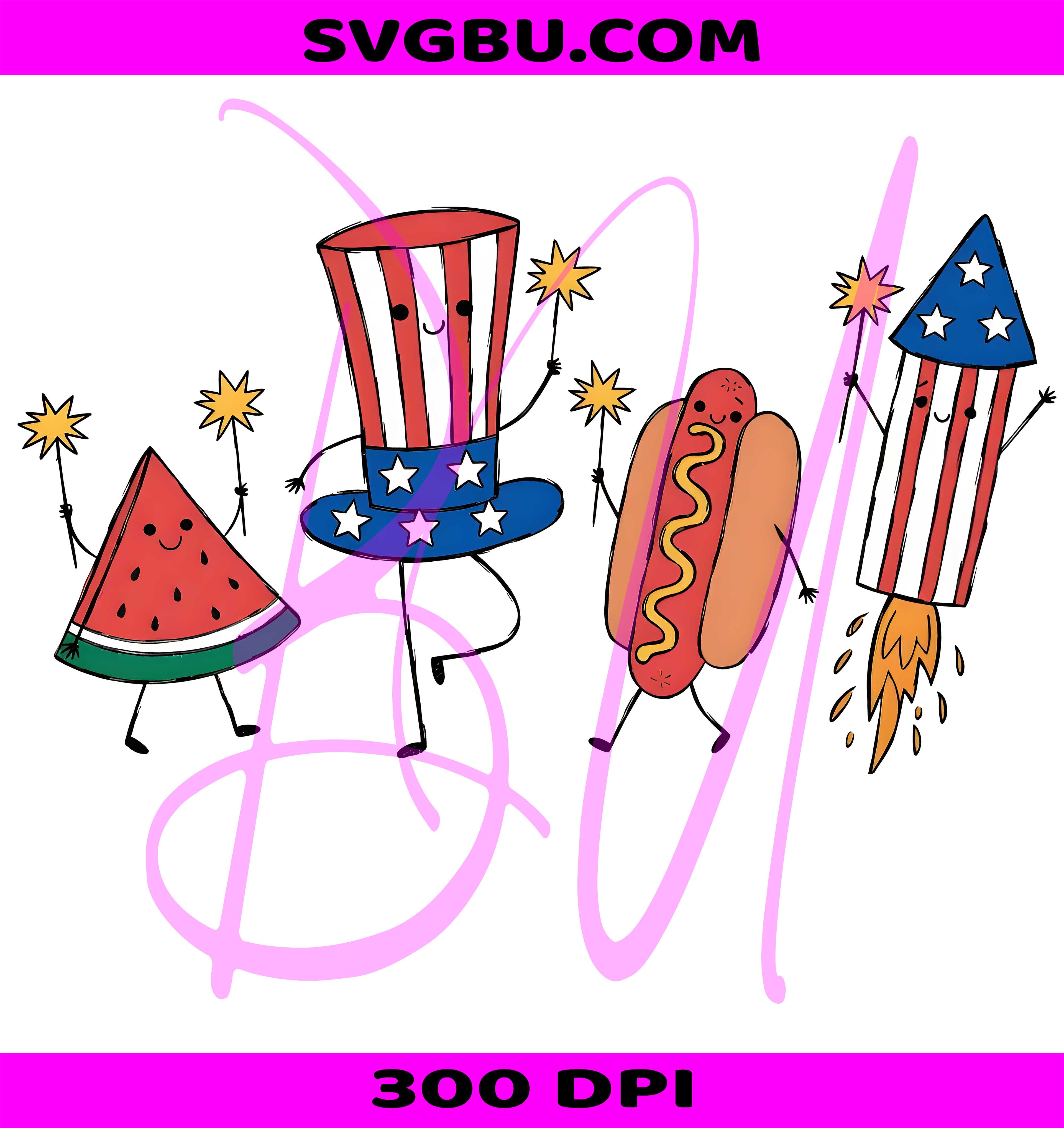 Patriotic Doodle PNG, Watermelon Hotdog Firework PNG
