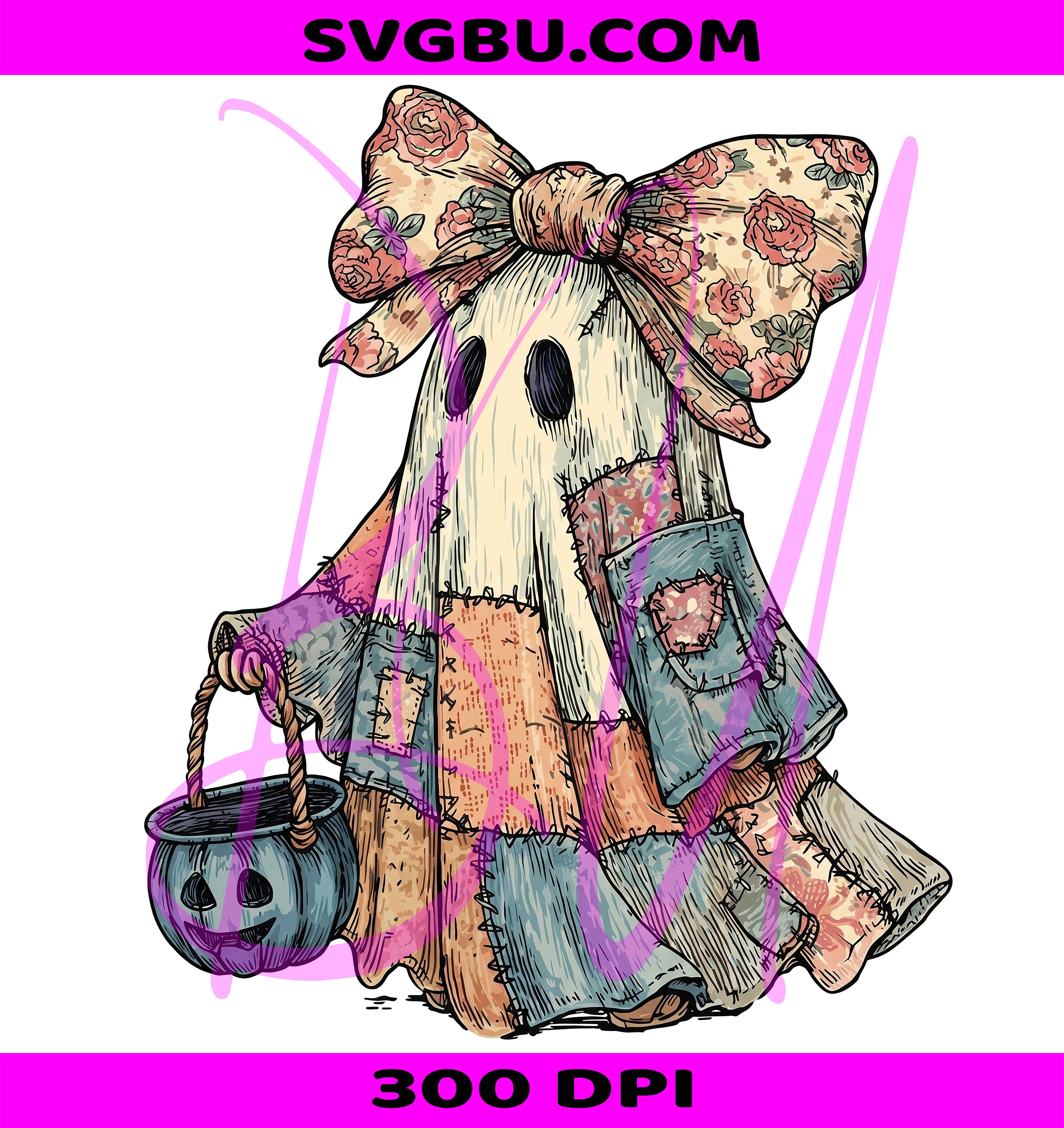 Cozy Patchwork Ghost Girl PNG, Cute Halloween Trick or Treat Design PNG