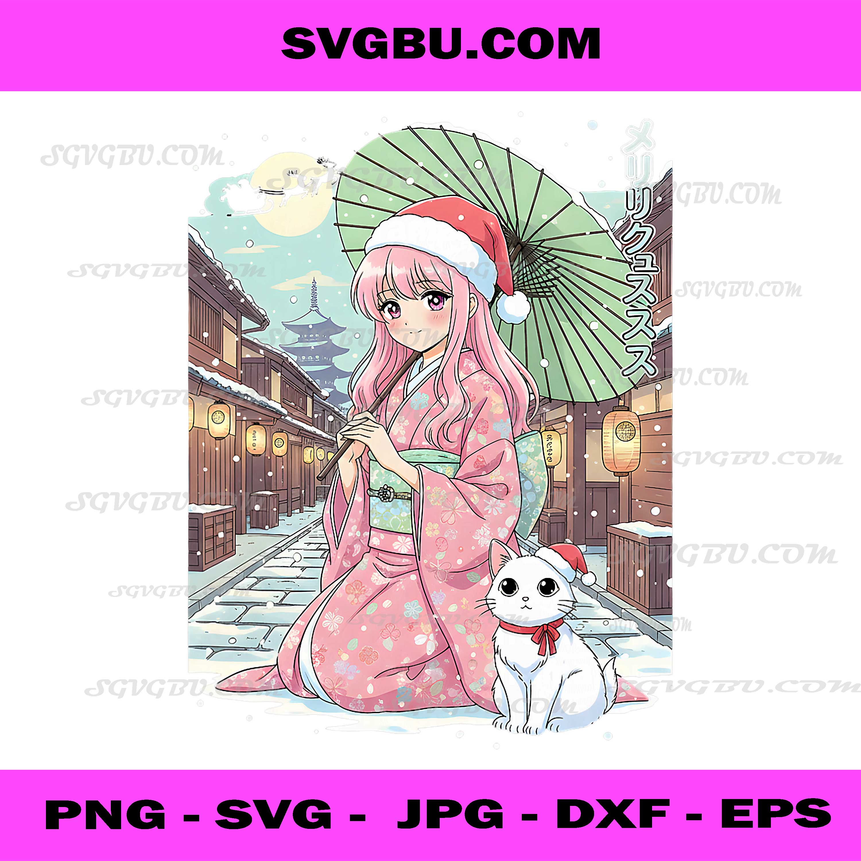 Anime Kimono Girl Christmas PNG, Japan Cat Xmas Japan Aesthetic PNG
