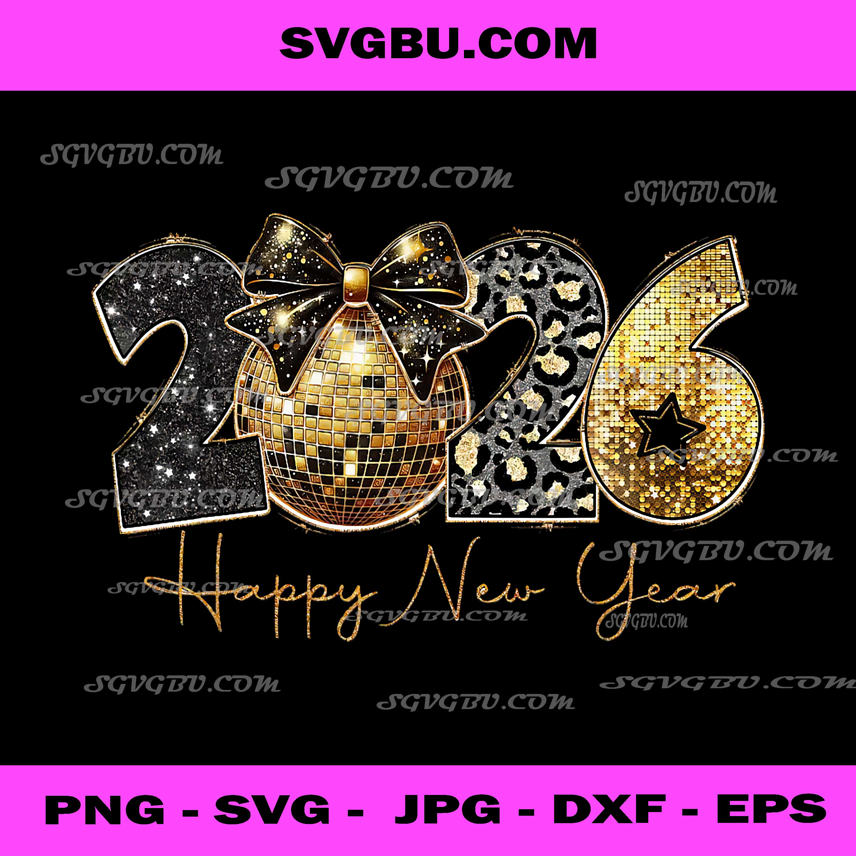 2026 Happy New Year PNG, Gold Disco Leopard Bow Coquette NYE PNG
