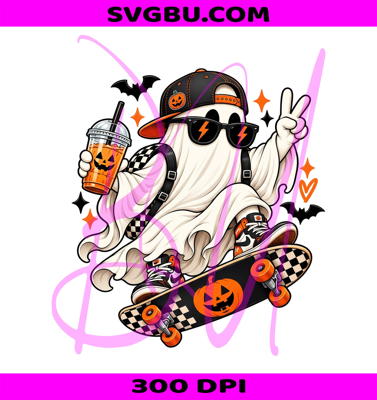 Halloween Ghost Skateboard PNG, Cute Spooky Ghost PNG, Retro Pumpkin Skate PNG