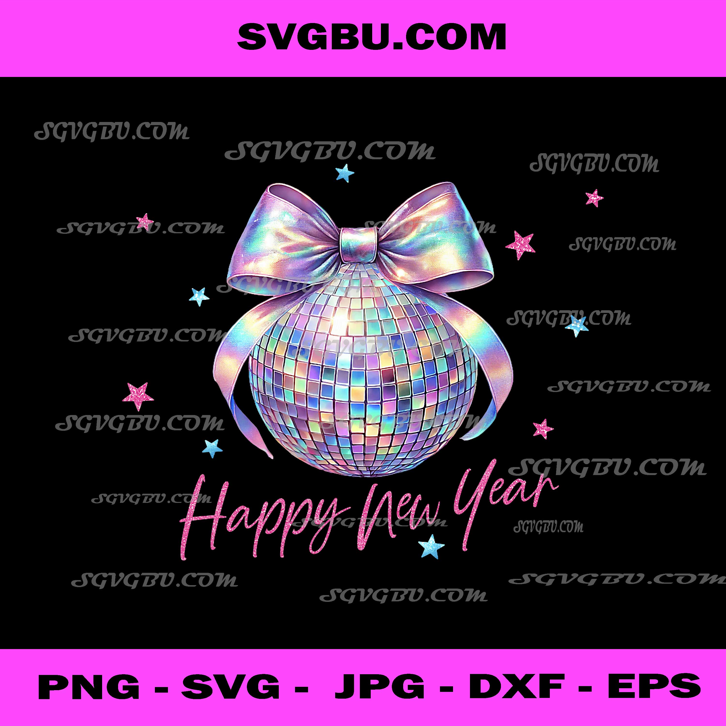 Happy New Year Cute Pink Disco Ball Bow PNG, New Year's Eve PNG