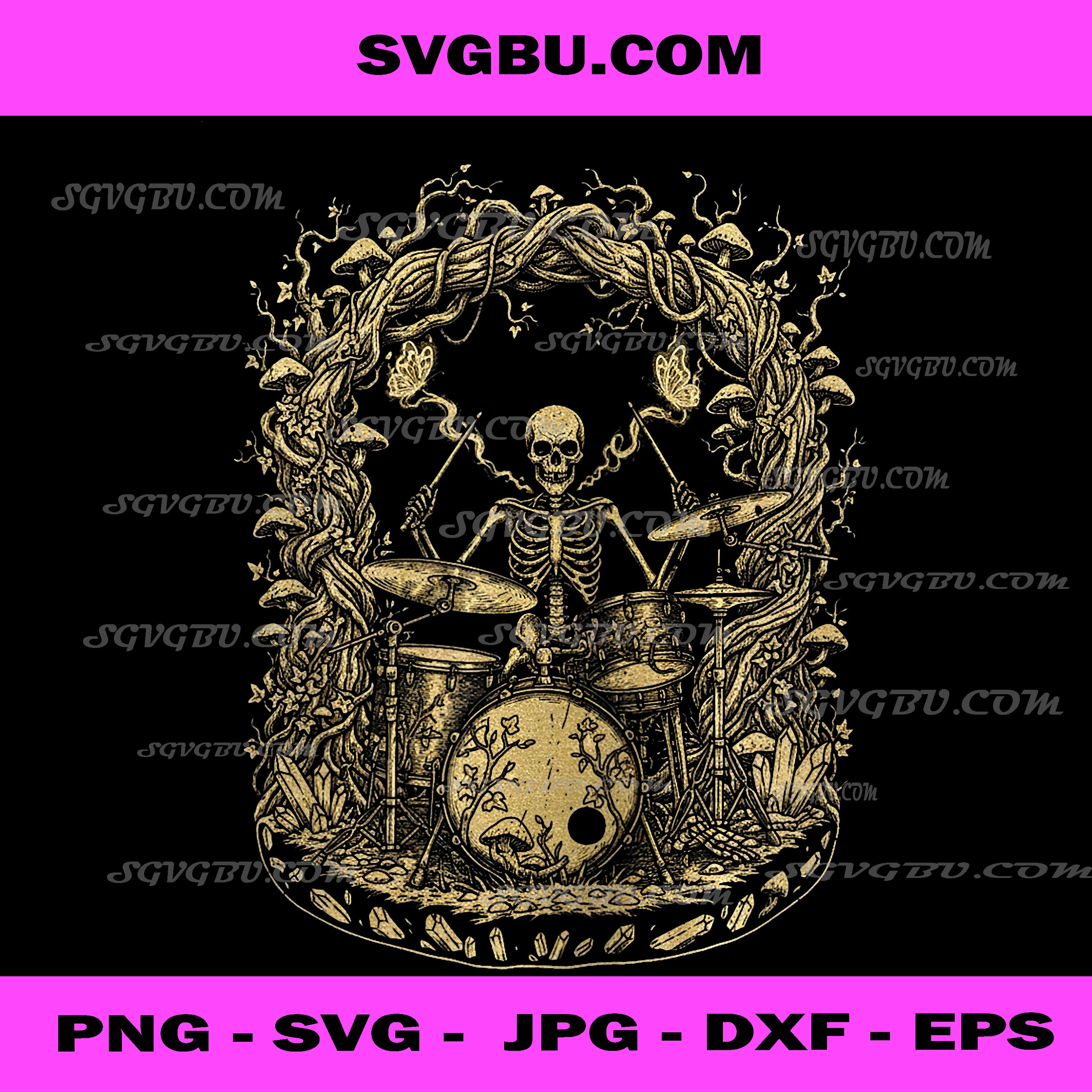Skeleton Drummer PNG, Dark Art Drum Kit PNG, Gothic Music Illustration PNG