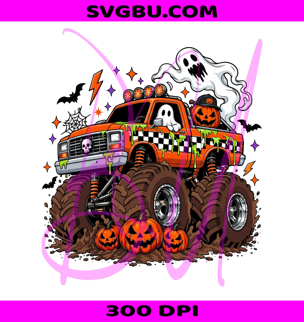 Halloween Monster Truck PNG, Ghost Pumpkin Mud Truck PNG, Spooky Boys Graphic PNG
