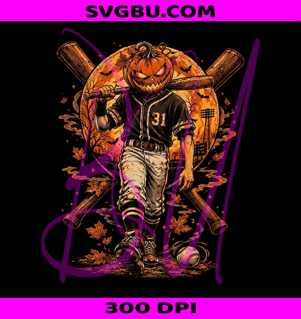 Halloween Baseball PNG, Pumpkin Head Player PNG, Spooky Baseball PNG