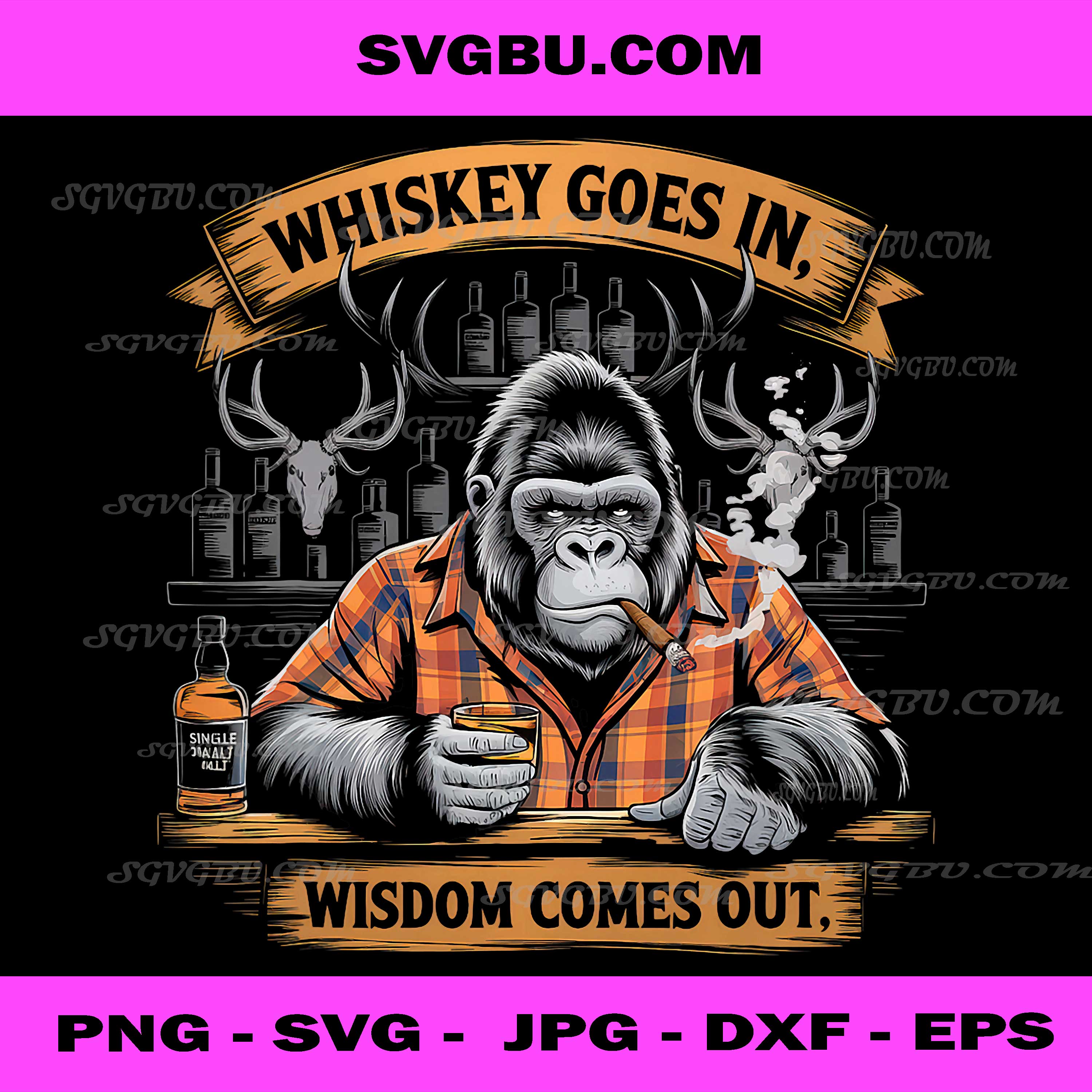 Gorilla Smoking Cigar PNG, Whiskey Lover PNG, Funny Animal Bar Art PNG