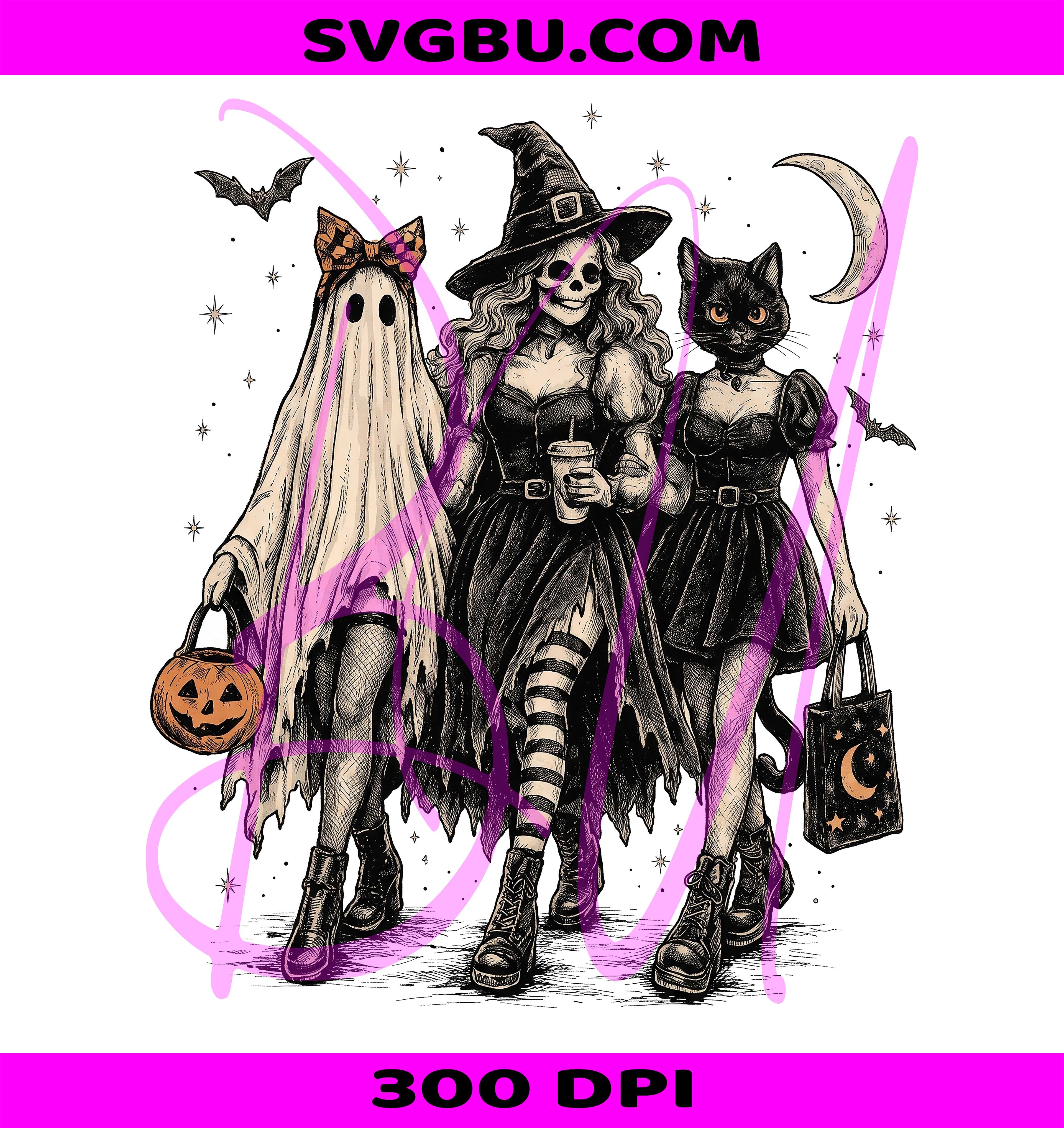 Halloween Girl Squad PNG, Vintage Witch PNG, Spooky Ghost Cat PNG