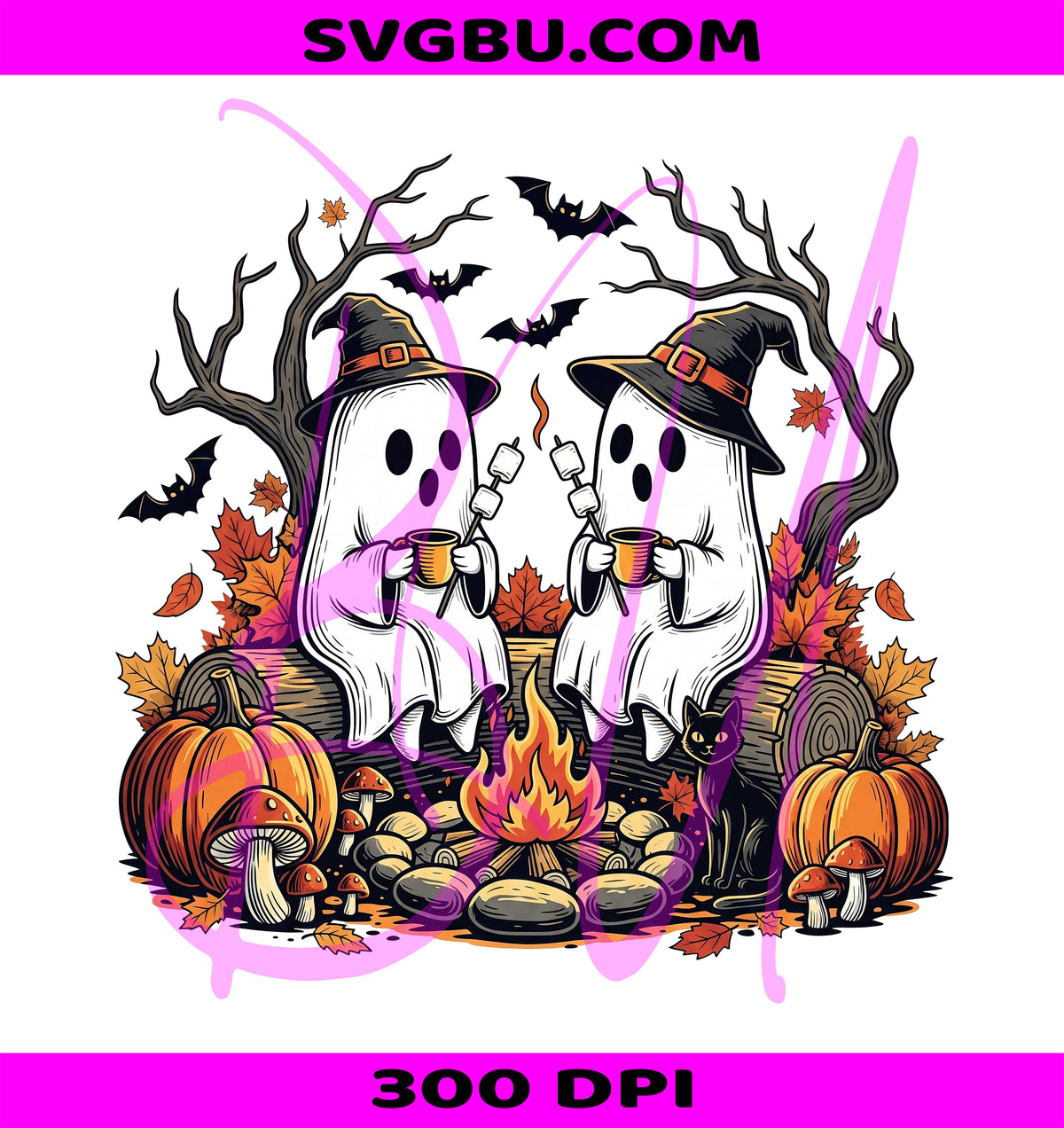 Retro Cute Ghost PNG, Fall Camping Boo Ghosts PNG, Autumn Floral PNG