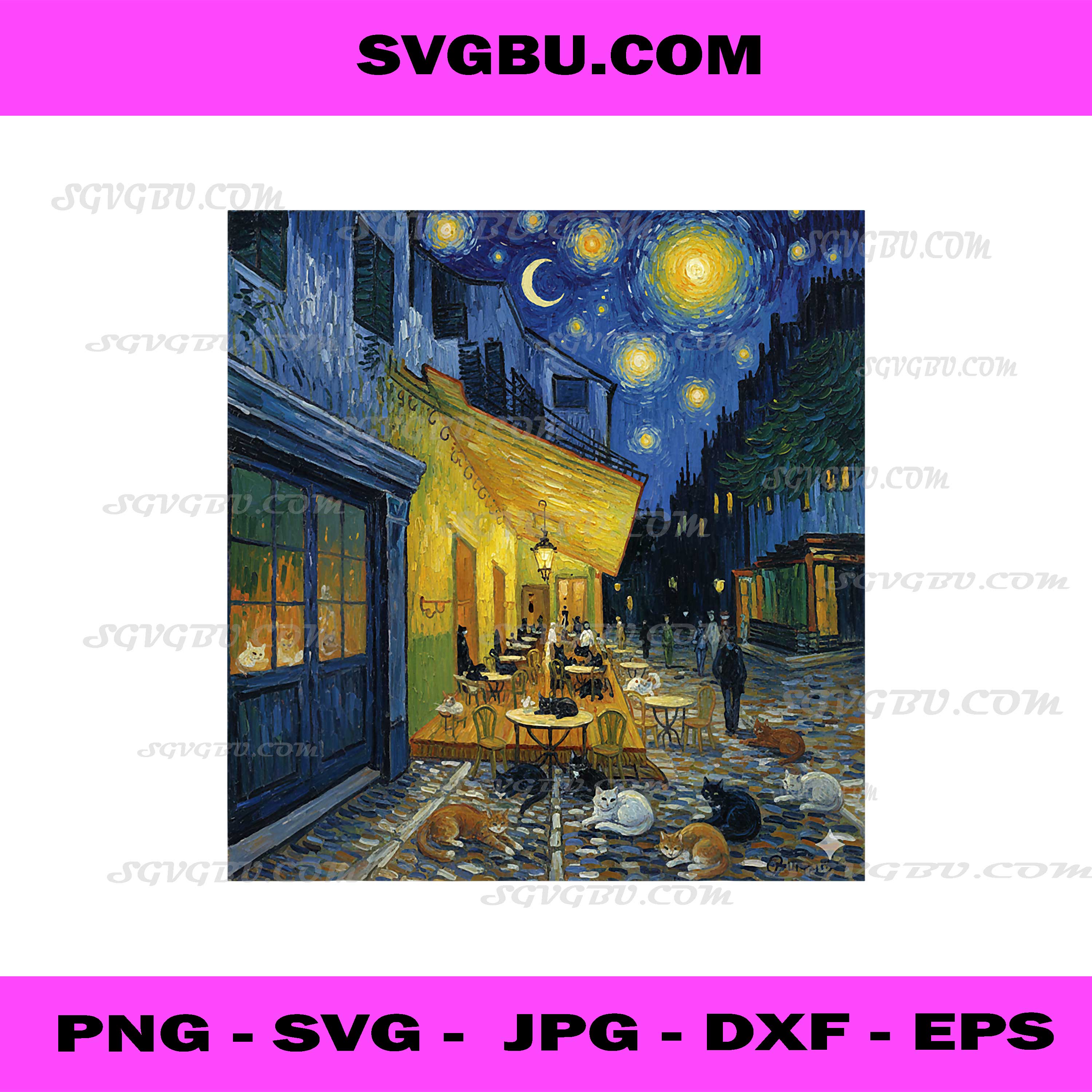 Café Terrace of Cats, Van Gogh Inspired Parody Art with Cats PNG