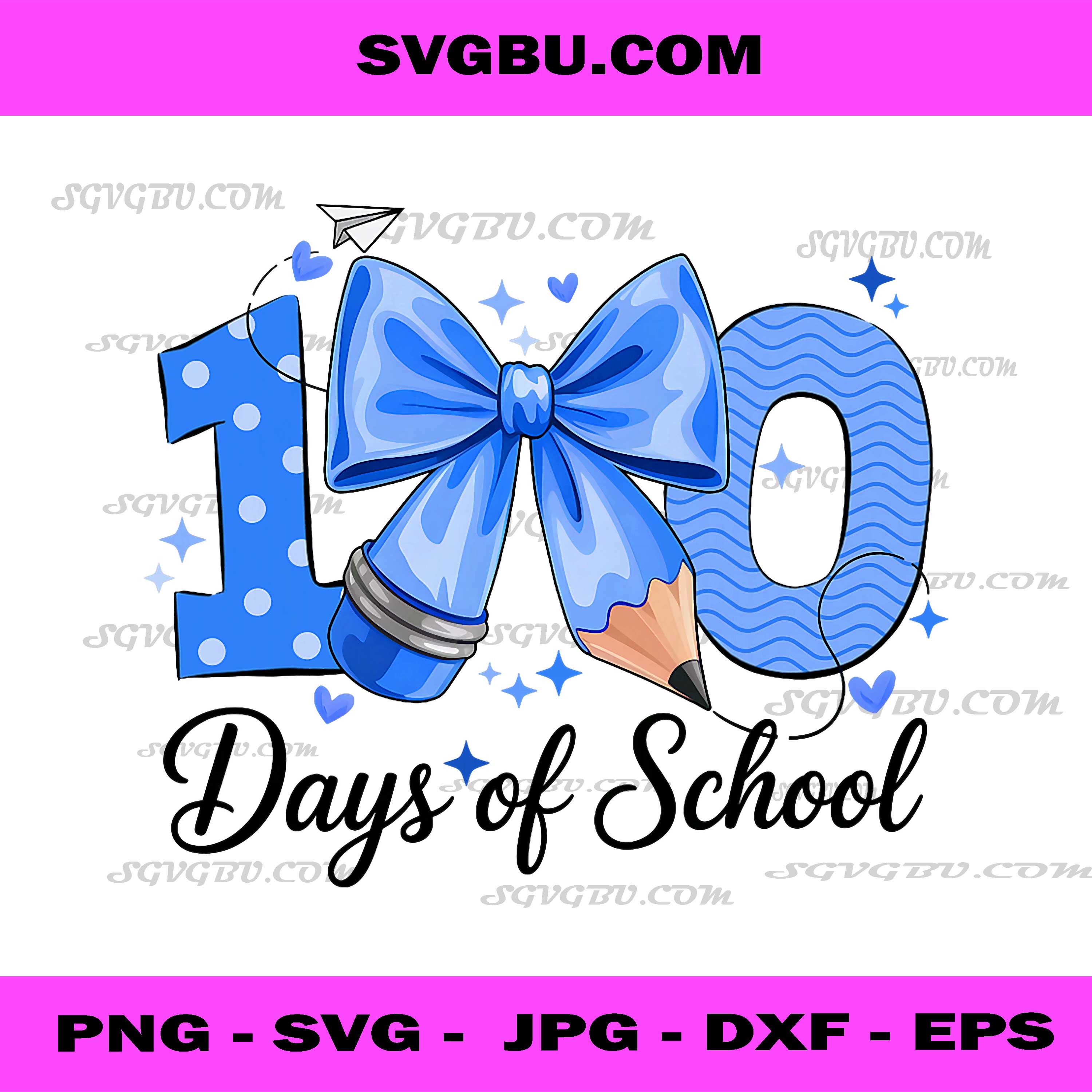 100 Days Of School PNG, Cute Blue Pencil Bow PNG, Student School PNG