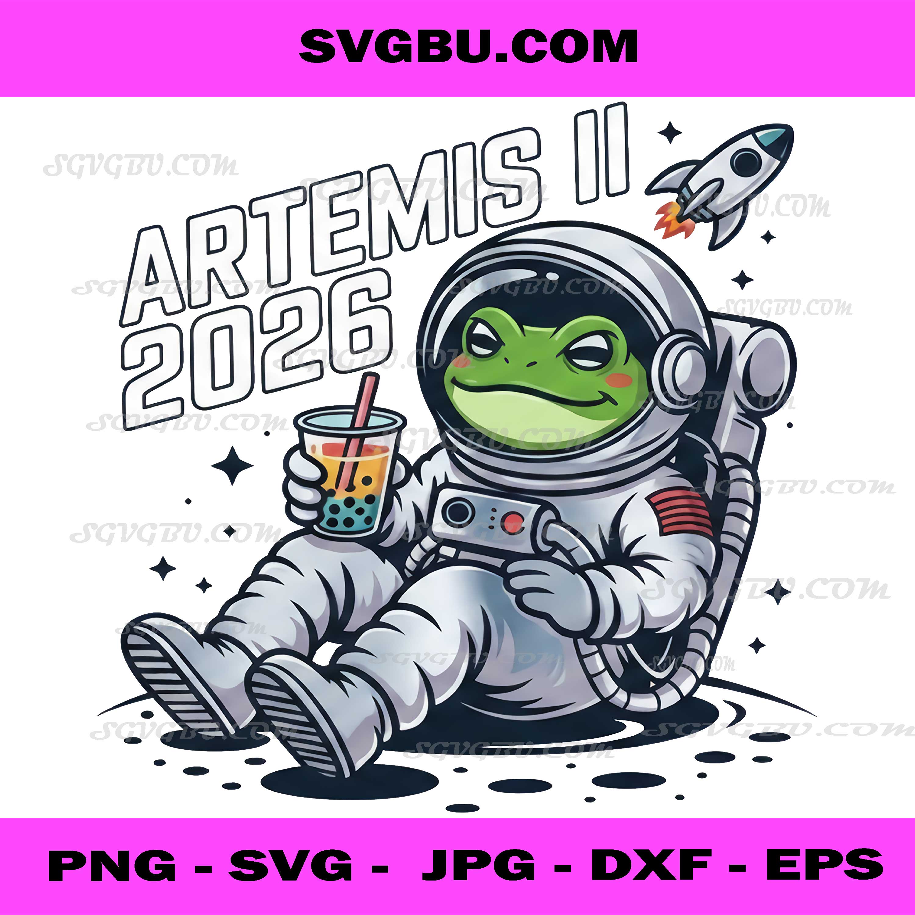 Artemis II 2026 Astronaut Frog PNG, Cute Space Frog Boba Tea Design