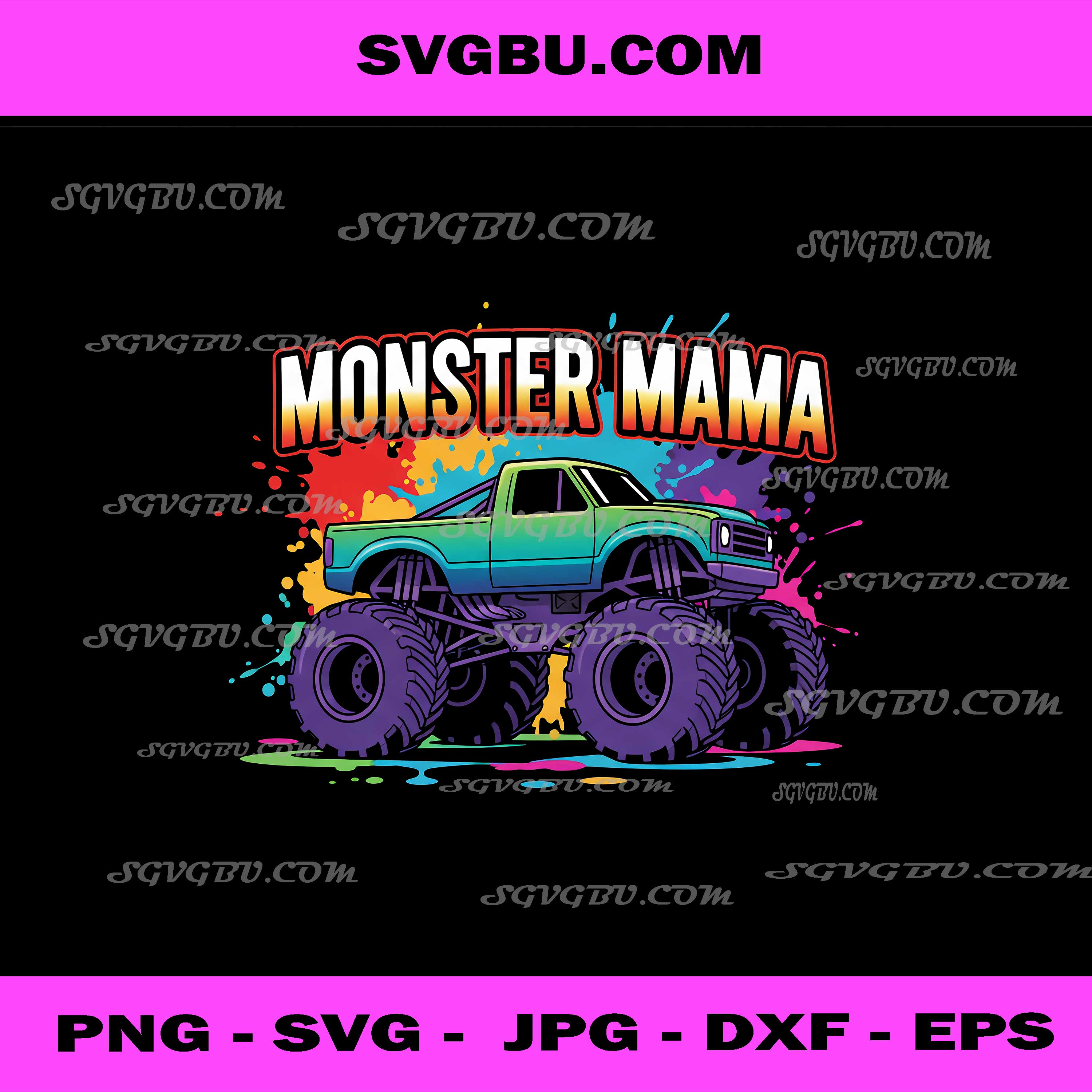 Monster Mama, Green Monster Truck Colorful Paint Splash PNG