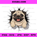 Cracked Wall Pug Pugs PNG, Funny Dog Break Wall Cartoon Digital Design