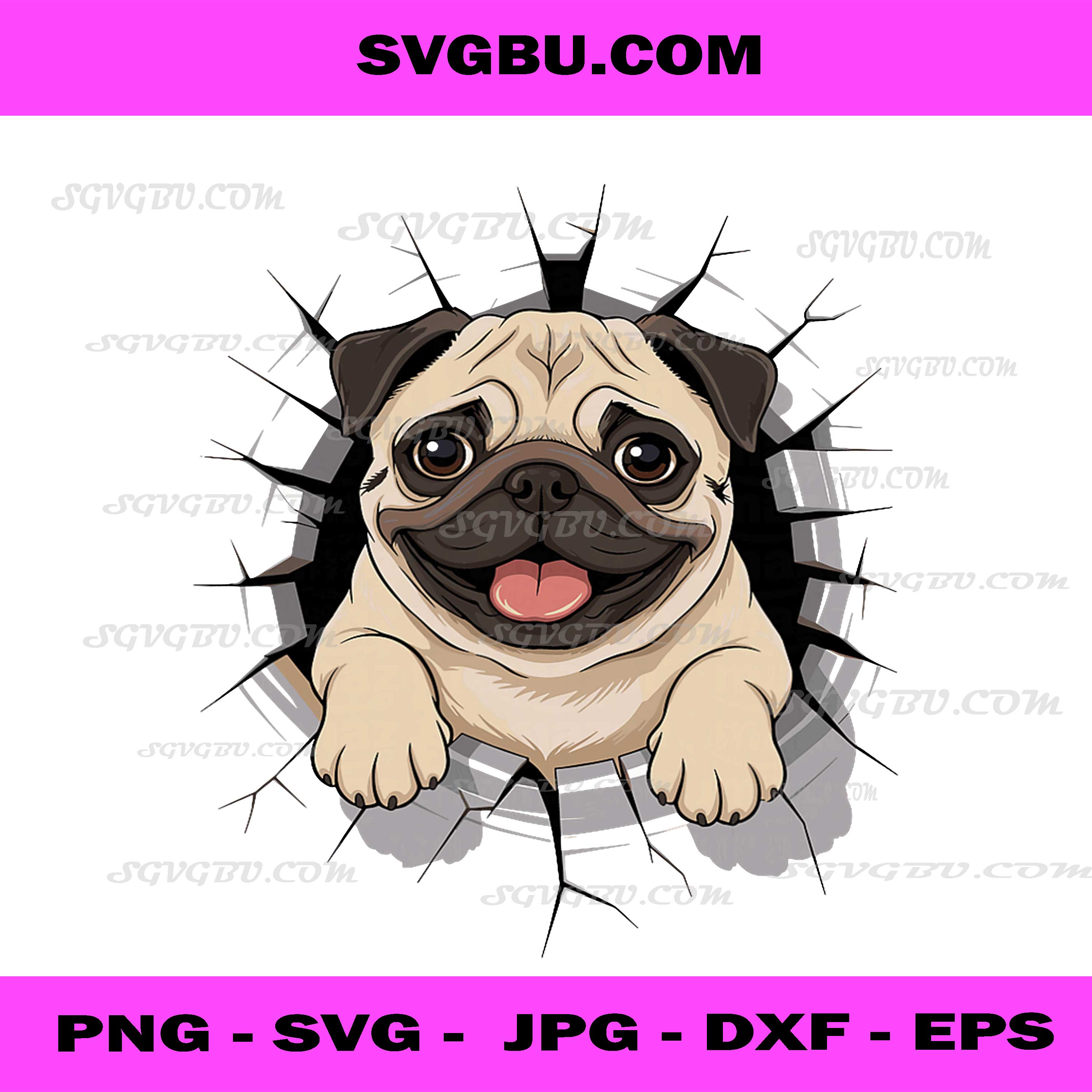 Cracked Wall Pug Pugs PNG, Funny Dog Break Wall Cartoon Digital Design