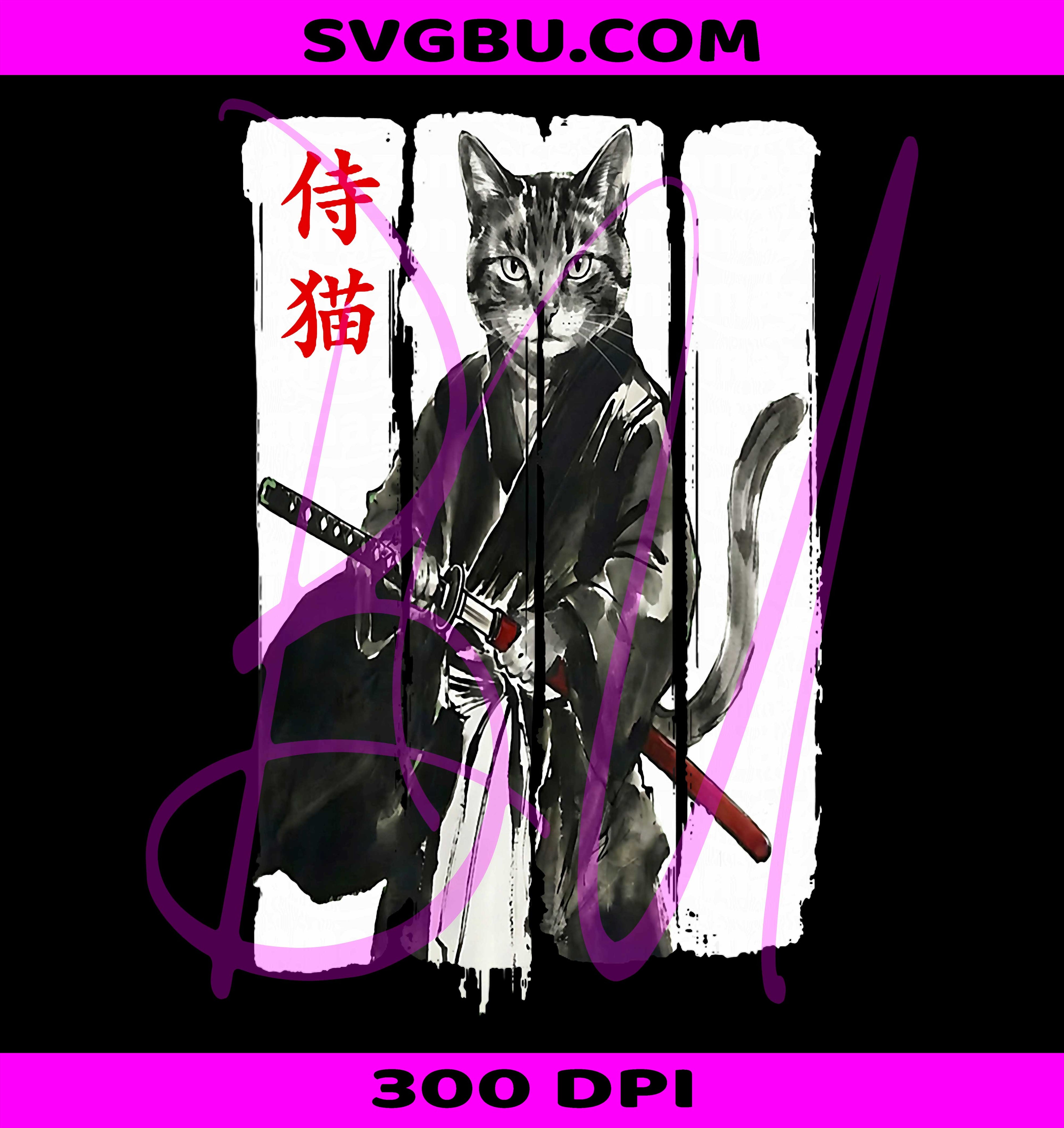 Samurai Cat Warrior Ink Japanese PNG, Ukiyo-e Art Katana Animal PNG