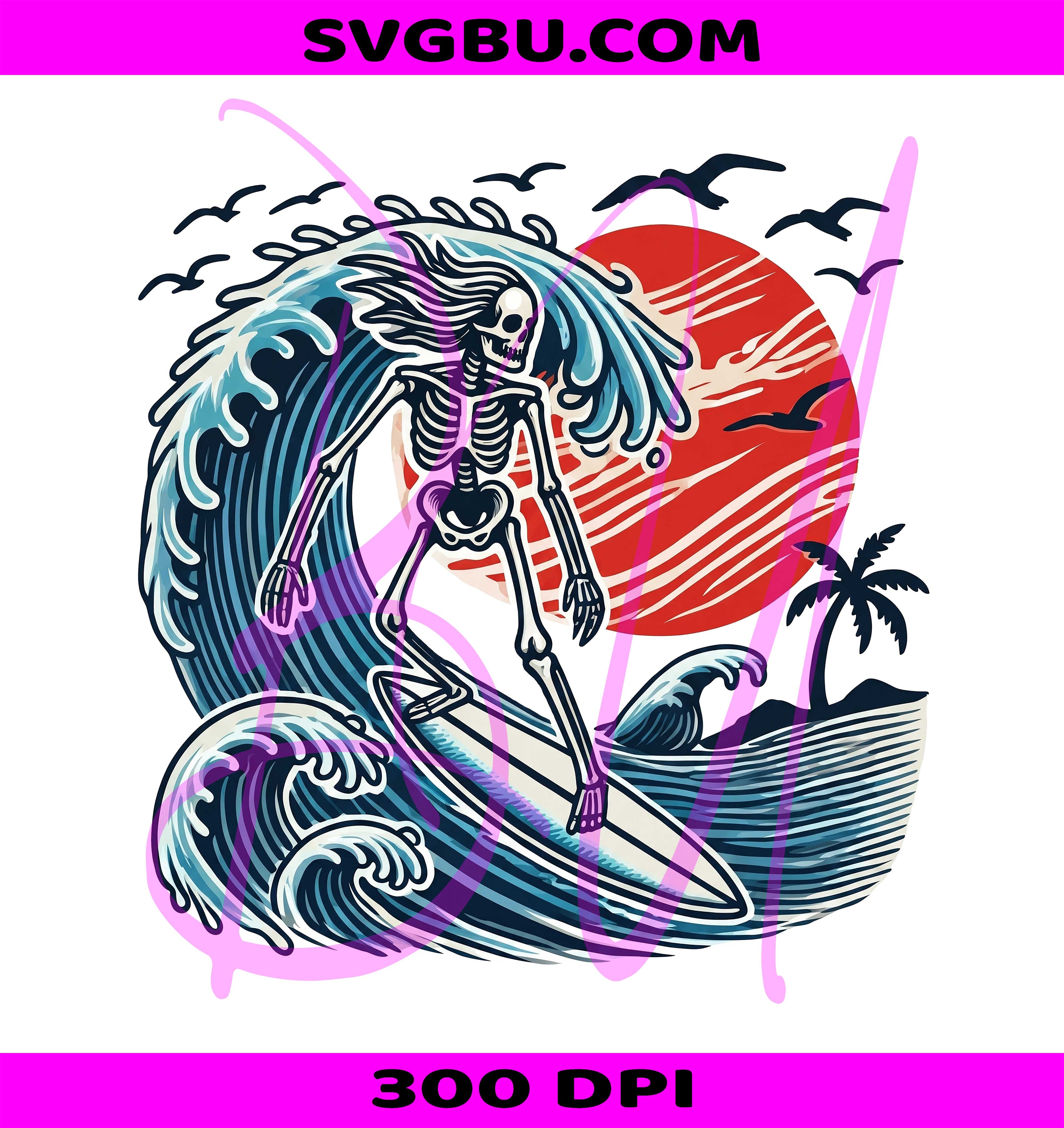 Surfing Skeleton PNG, Spooky Surfing PNG, Skeleton Wave Art PNG