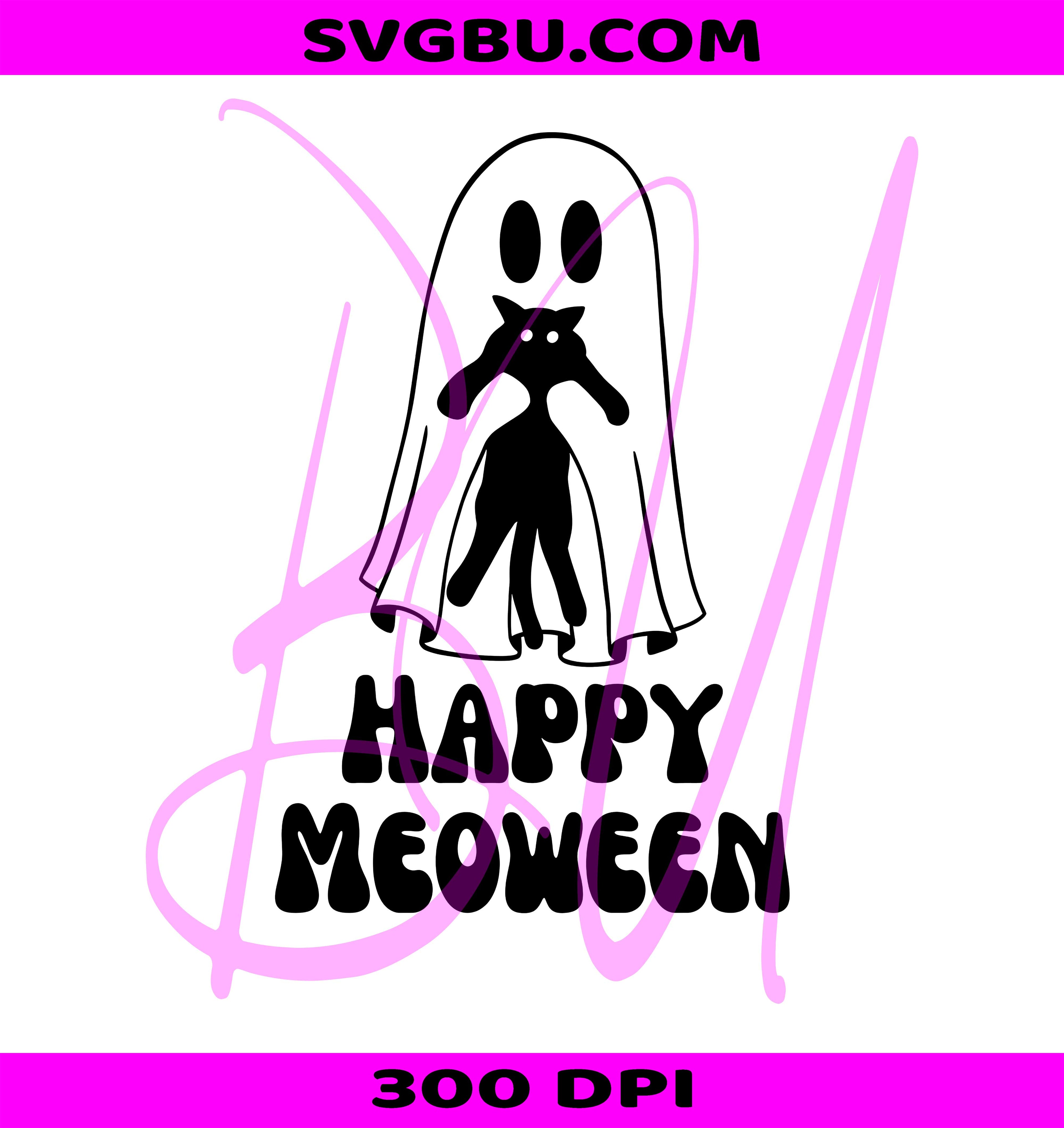Happy Meoween PNG, Retro Halloween Cat PNG, Pumpkin Ghost PNG