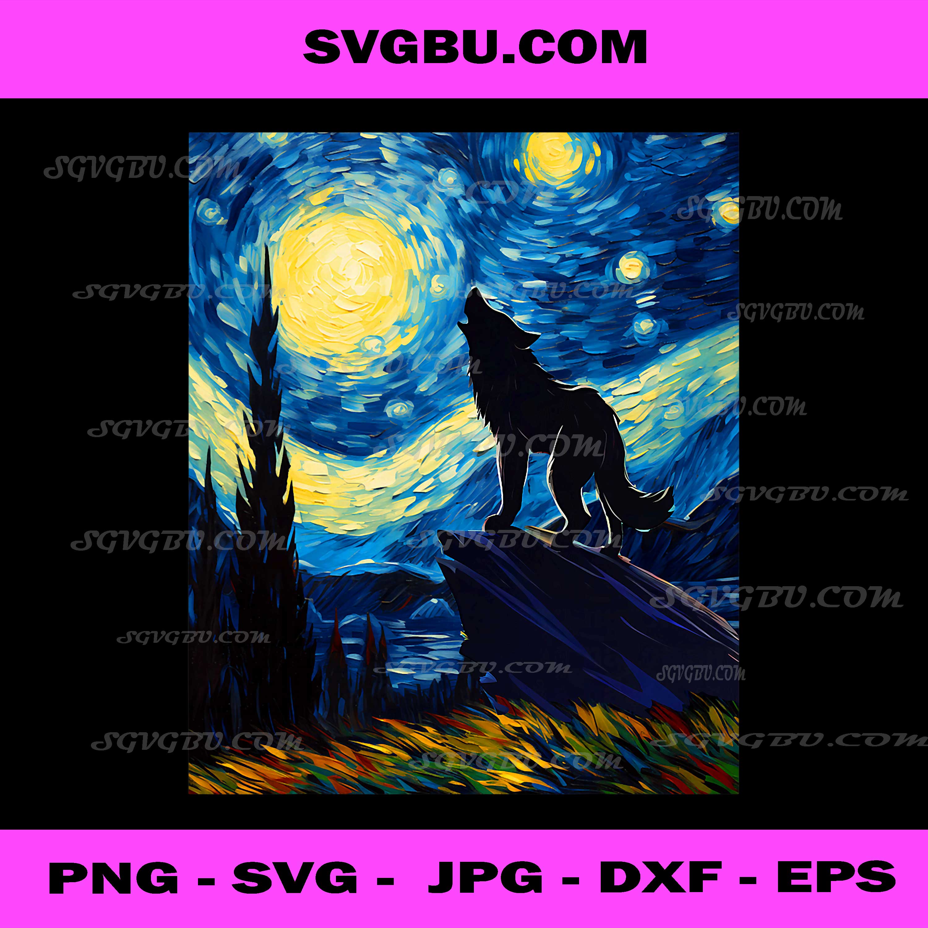 Wolf Howling at The Moon Starry Night Van Gogh PNG