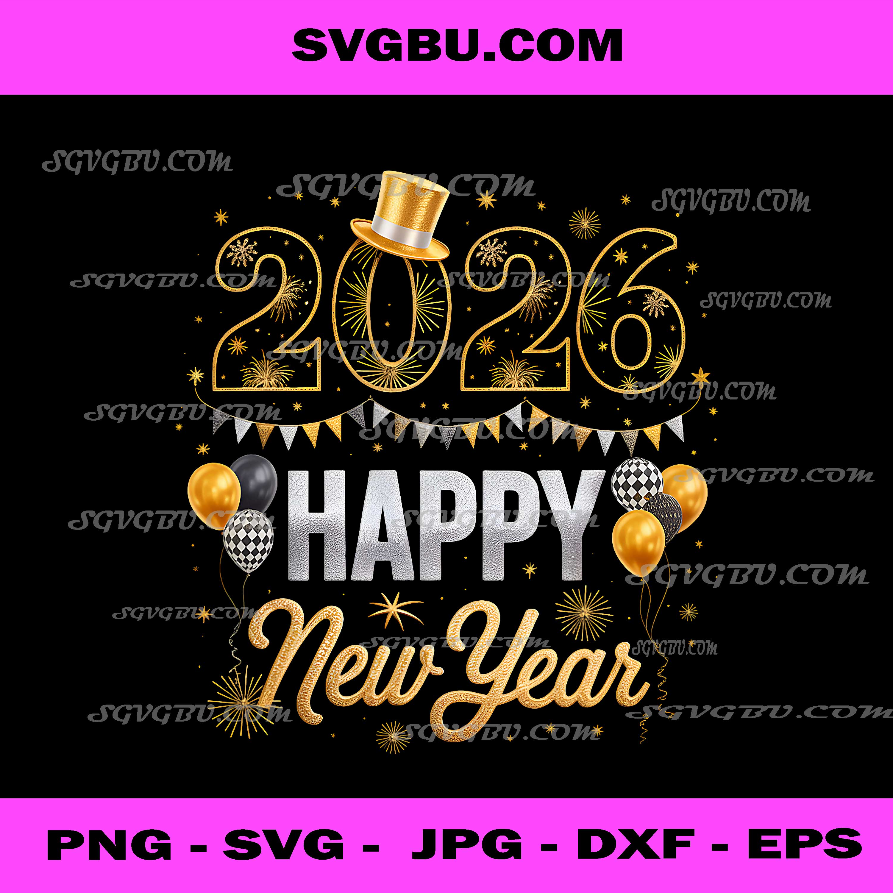 Happy New Year Party 2026 Ballon PNG, New Year 2026 Gold Metallic Typography PNG