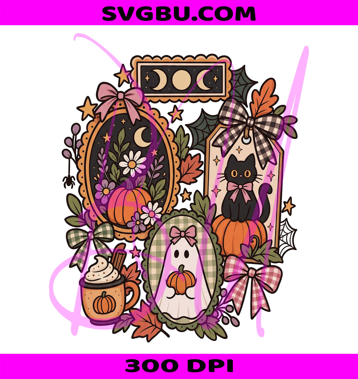 Coquette Halloween PNG Cute Cat Ghost Bow PNG Retro Halloween Collage PNG
