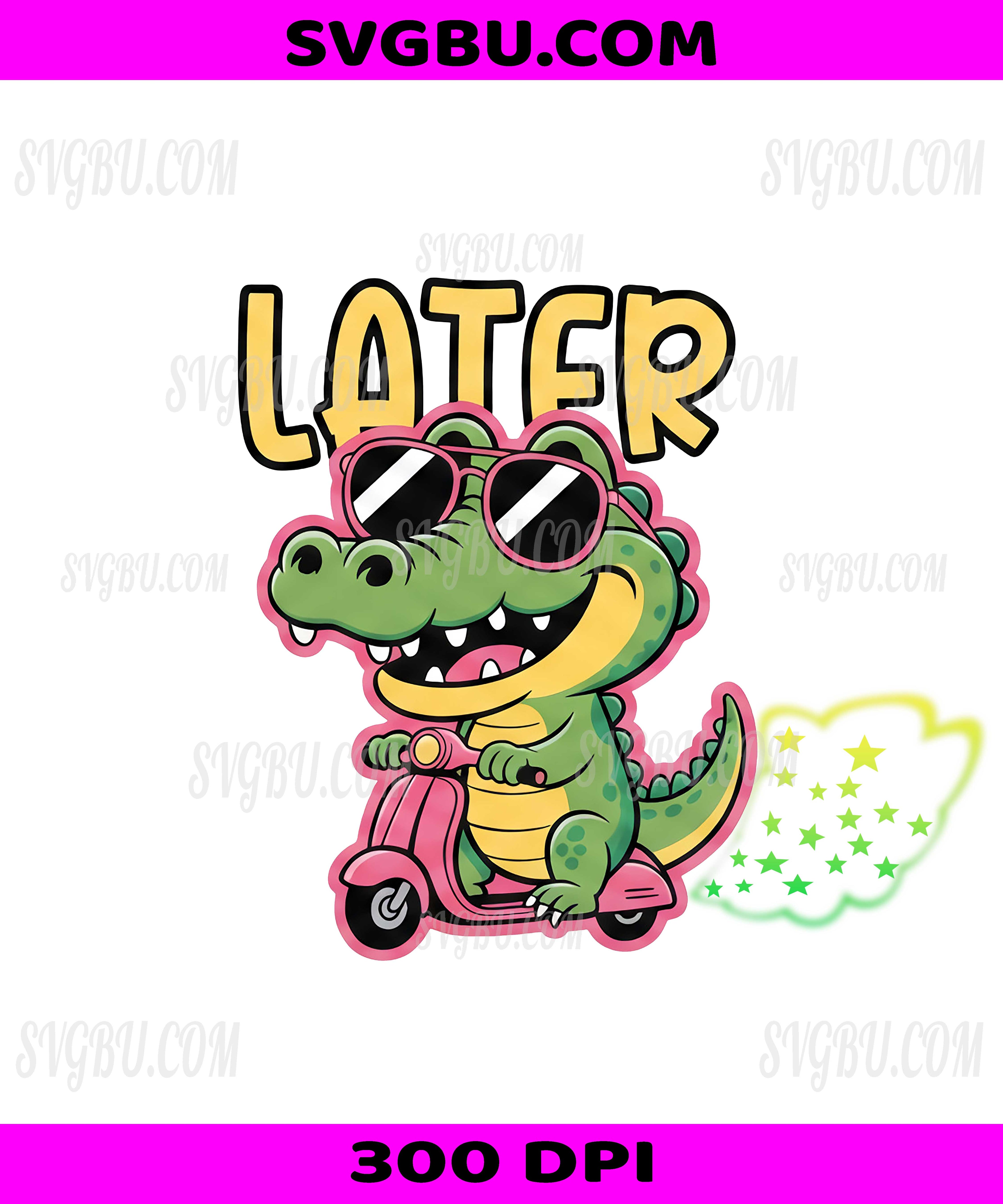 Later Alligator, PNG, Cute Gator Riding Scooter Pink Design