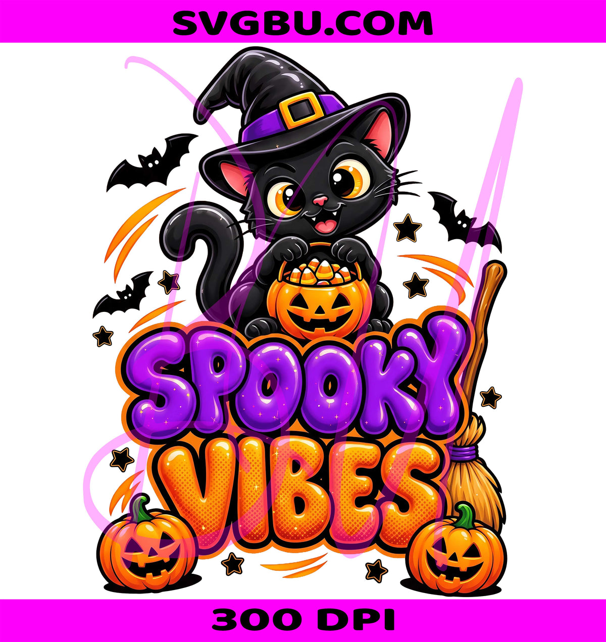 Spooky Vibes PNG, Black Cat Halloween PNG, Cute Witch Cat PNG