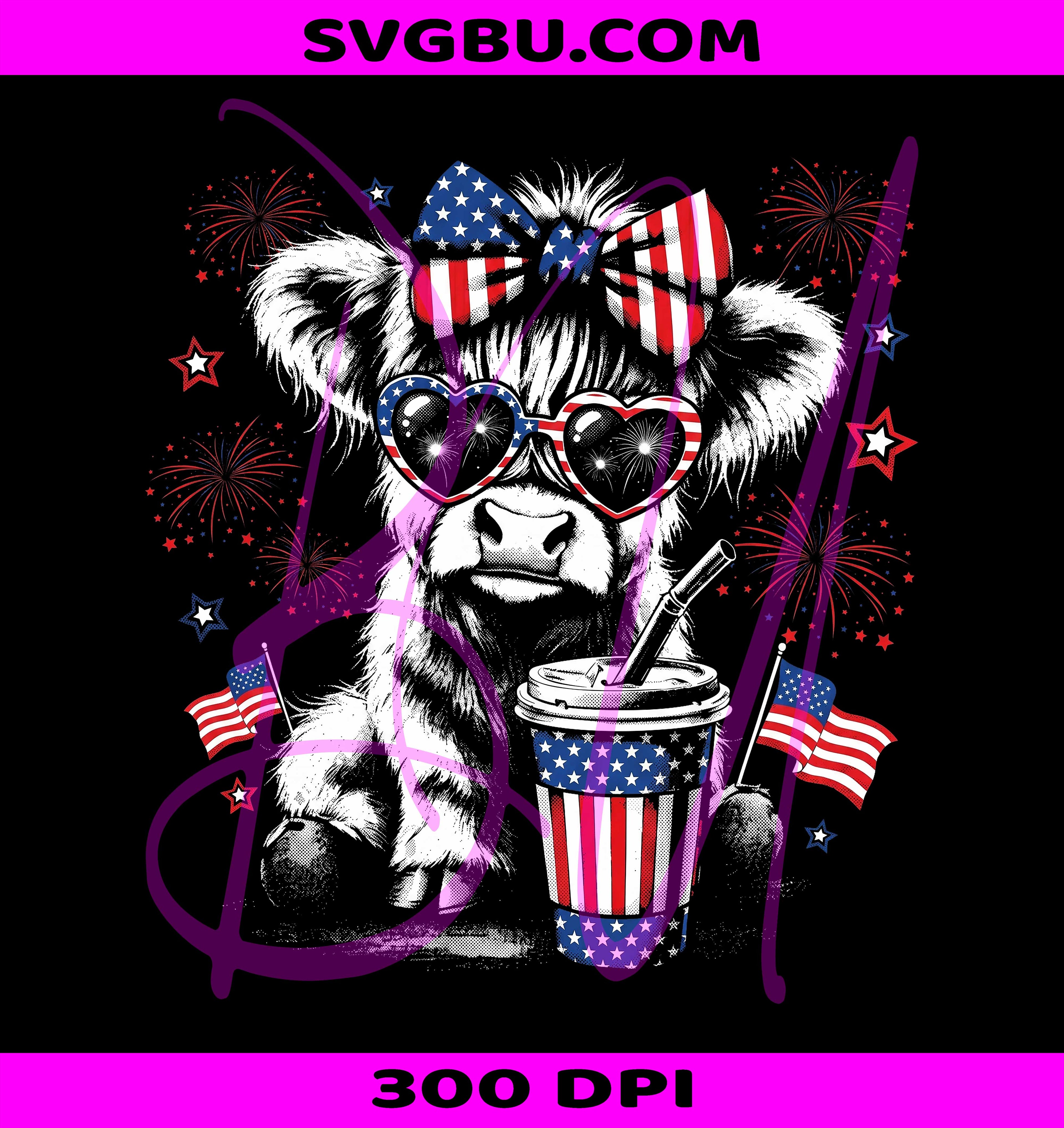 USA Cow PNG, Highland Cow Patriotic PNG, American Flag Cowgirl Bow PNG