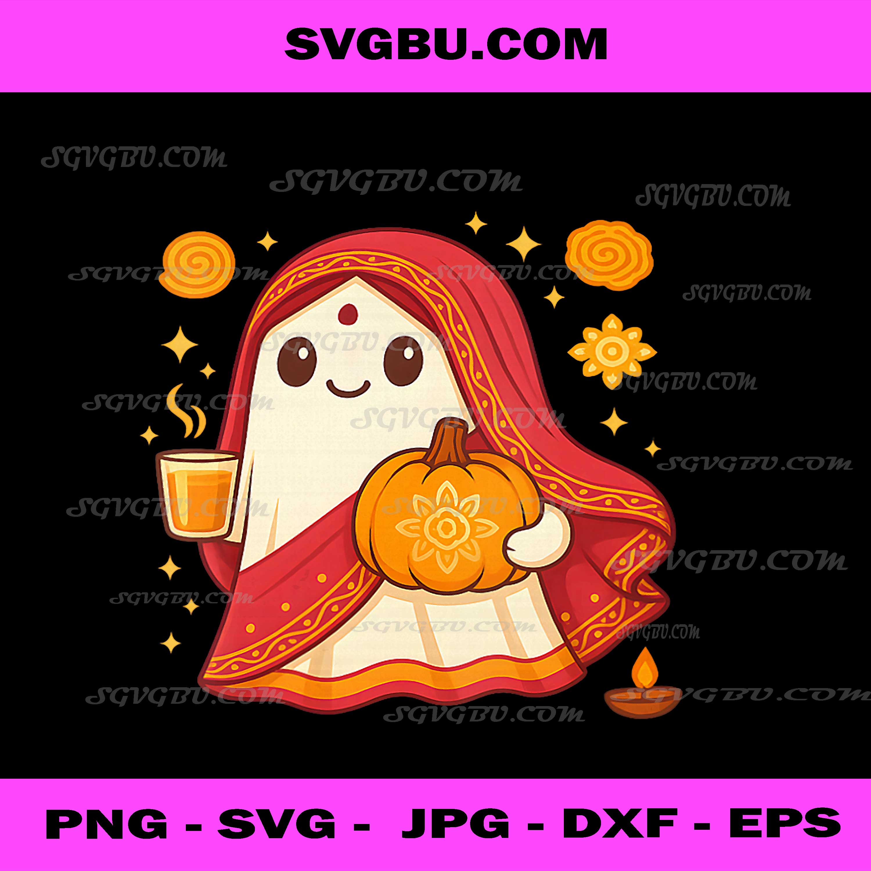 Cute Diwali Ghost with Chai and Pumpkin Design PNG