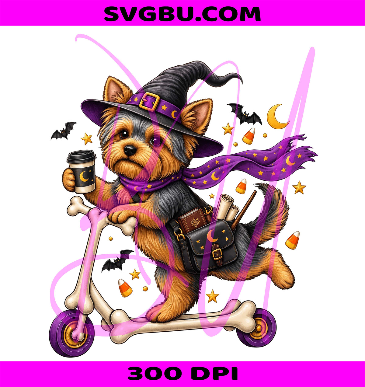 Yorkie Scooter Witch PNG, Cute Halloween Dog PNG, Spooky Pet PNG
