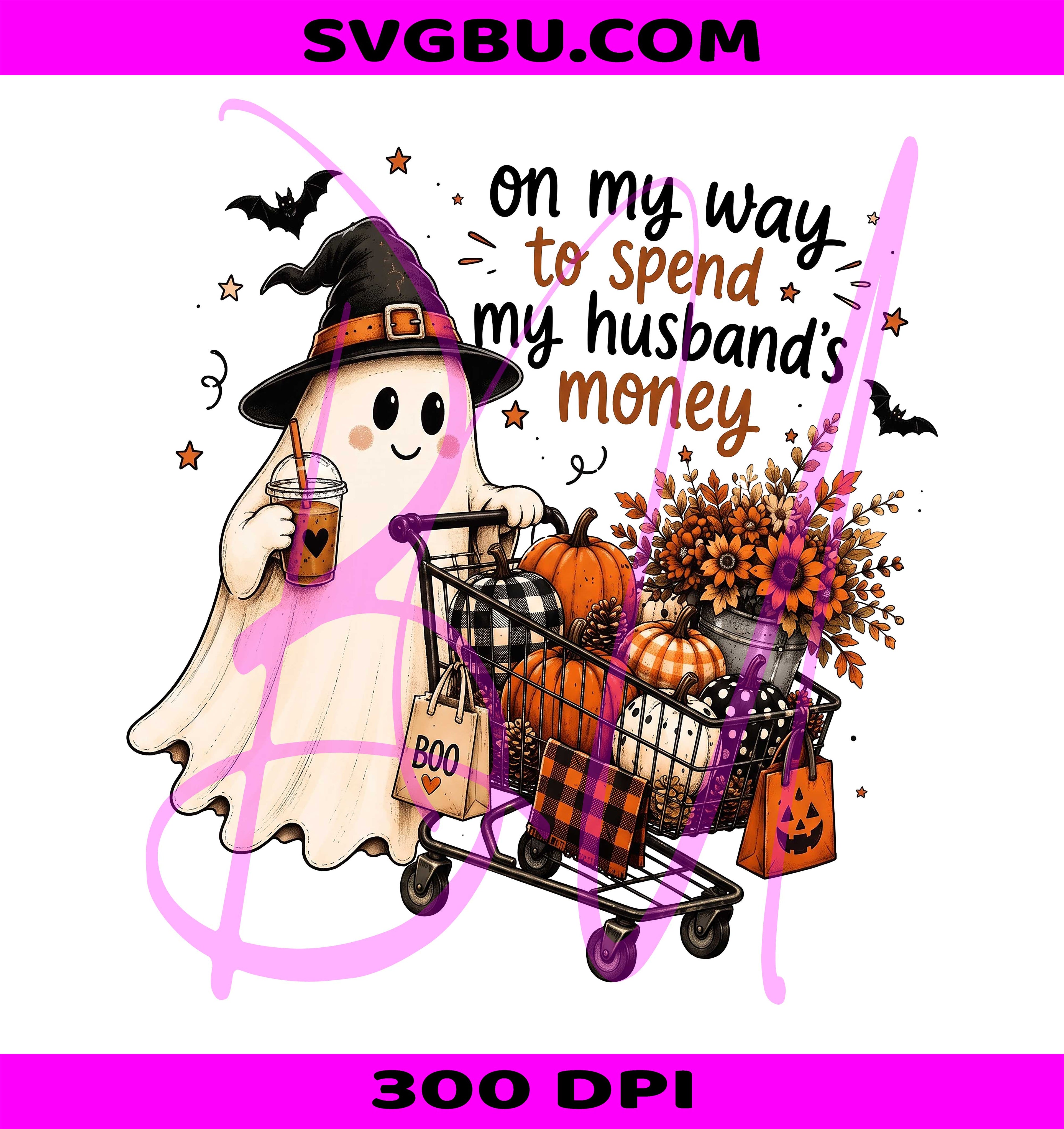 Spend Husbands Money PNG, Ghost Shopping PNG, Pumpkins In Cart PNG